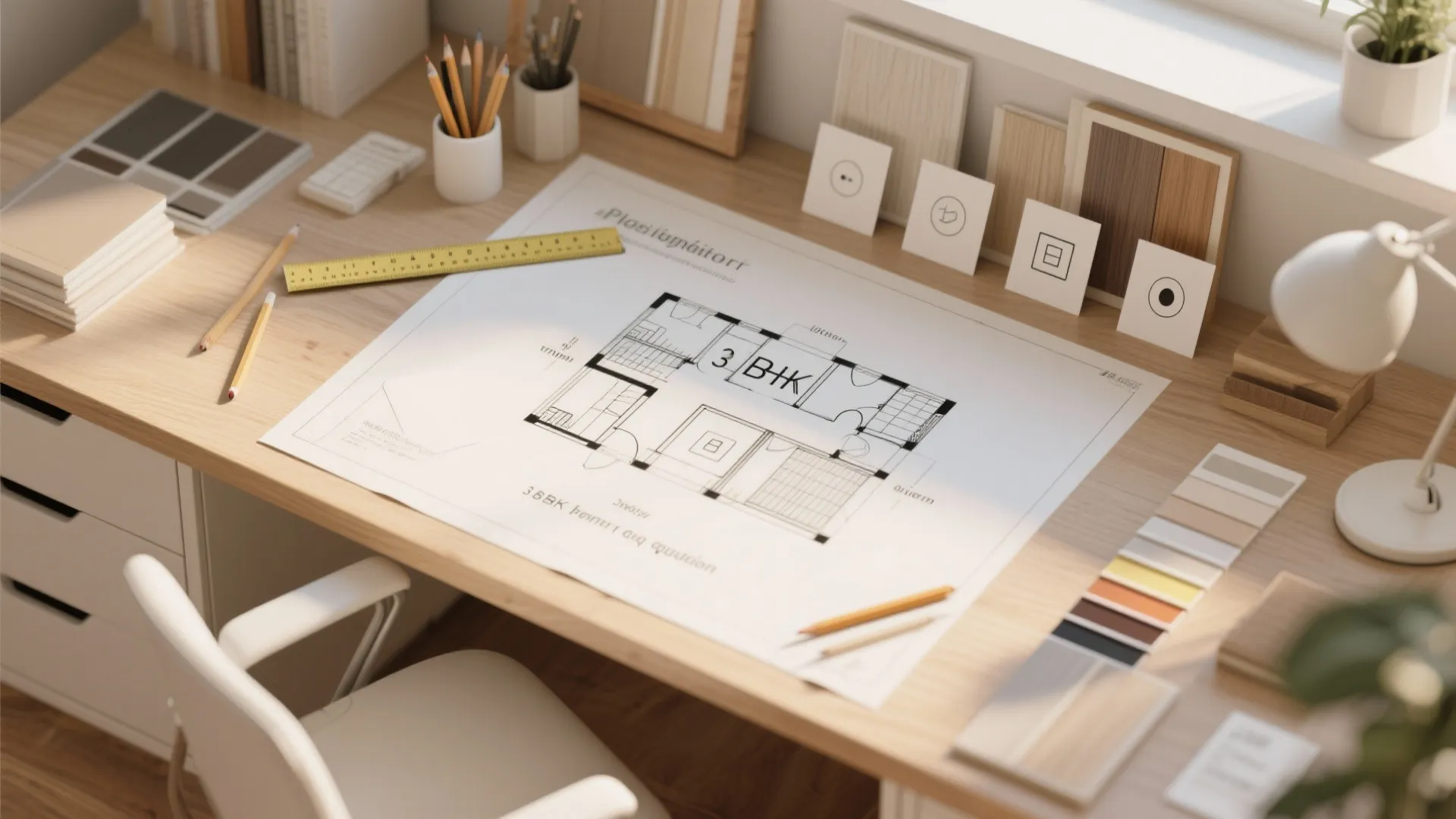 Top-down designer desk with a text-free floor plan, measuring tape, samples, and blank icon cards.