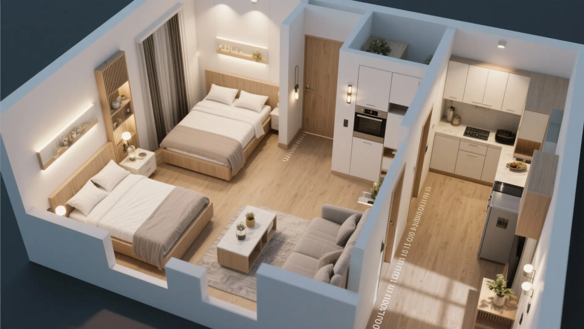 Interior design drawing of a small apartment showing two bedrooms kitchen living area and furniture