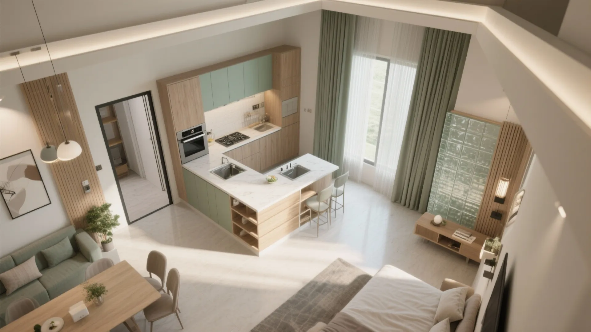 Interior design drawing of open plan kitchen with wooden cabinets mint green accents and stools