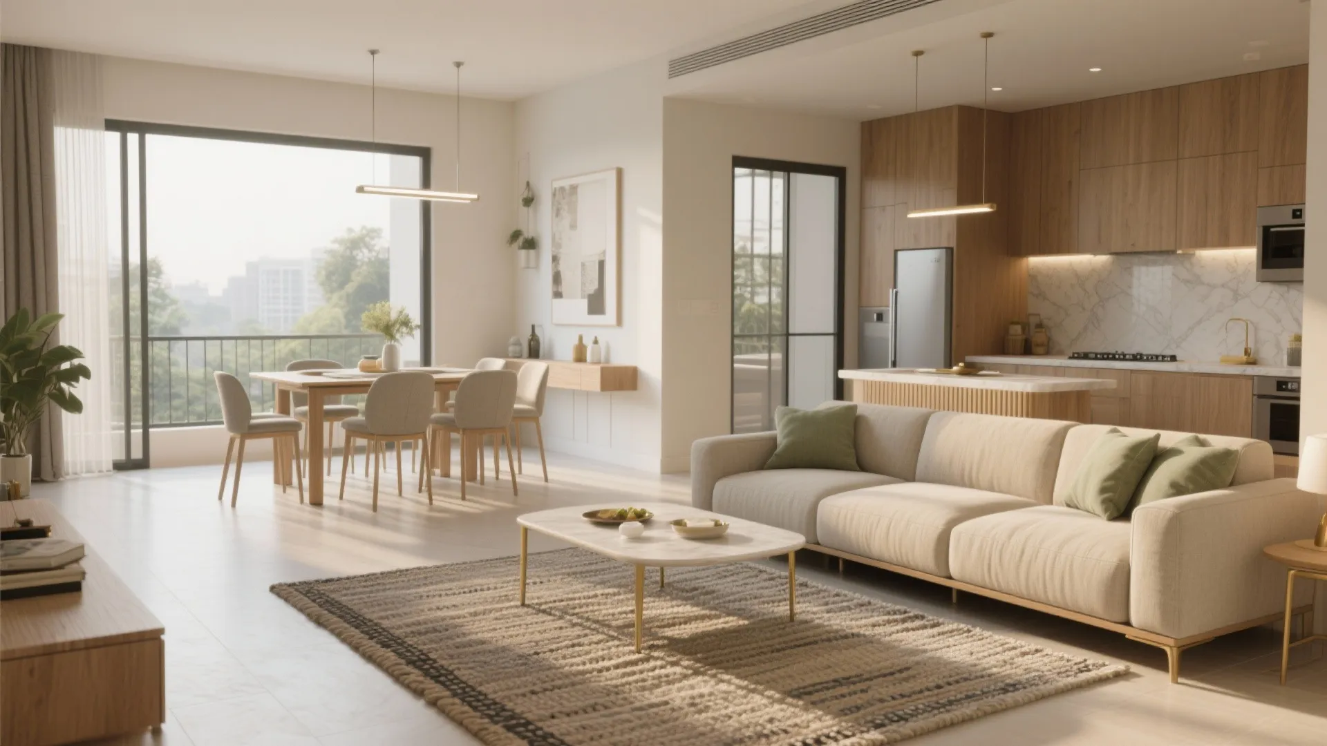 Bright open living room featuring a beige sofa wooden kitchen cabinets and a dining table