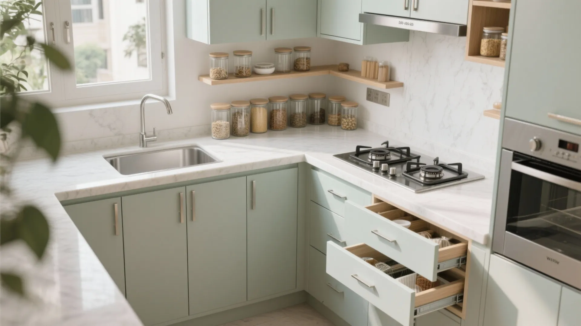 Modern light green kitchen with marble countertop open drawers storage glass jars and stainless steel sink