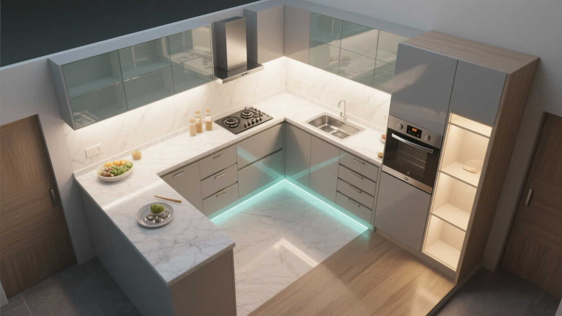 Modern kitchen with grey cabinets white marble countertop built-in oven and bright blue floor lighting
