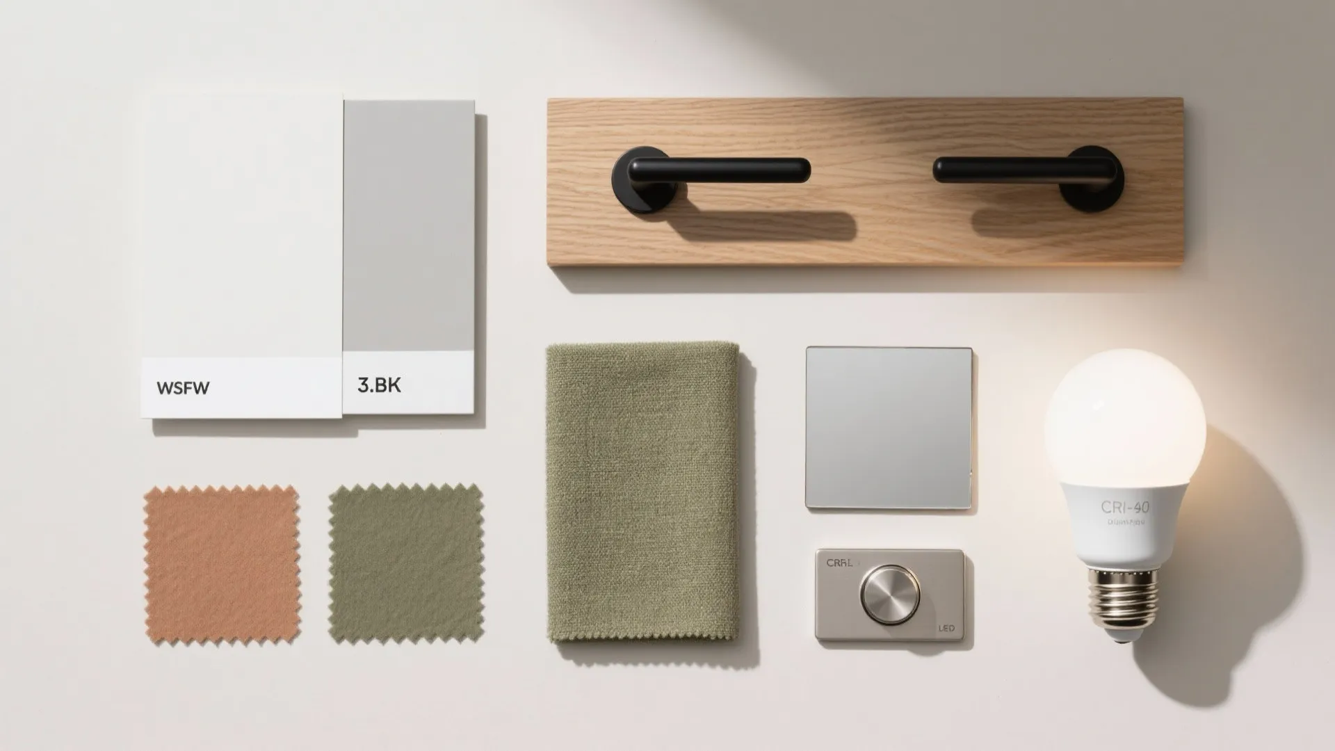 Interior design material board with color swatches fabric samples wood handle and a bright light bulb