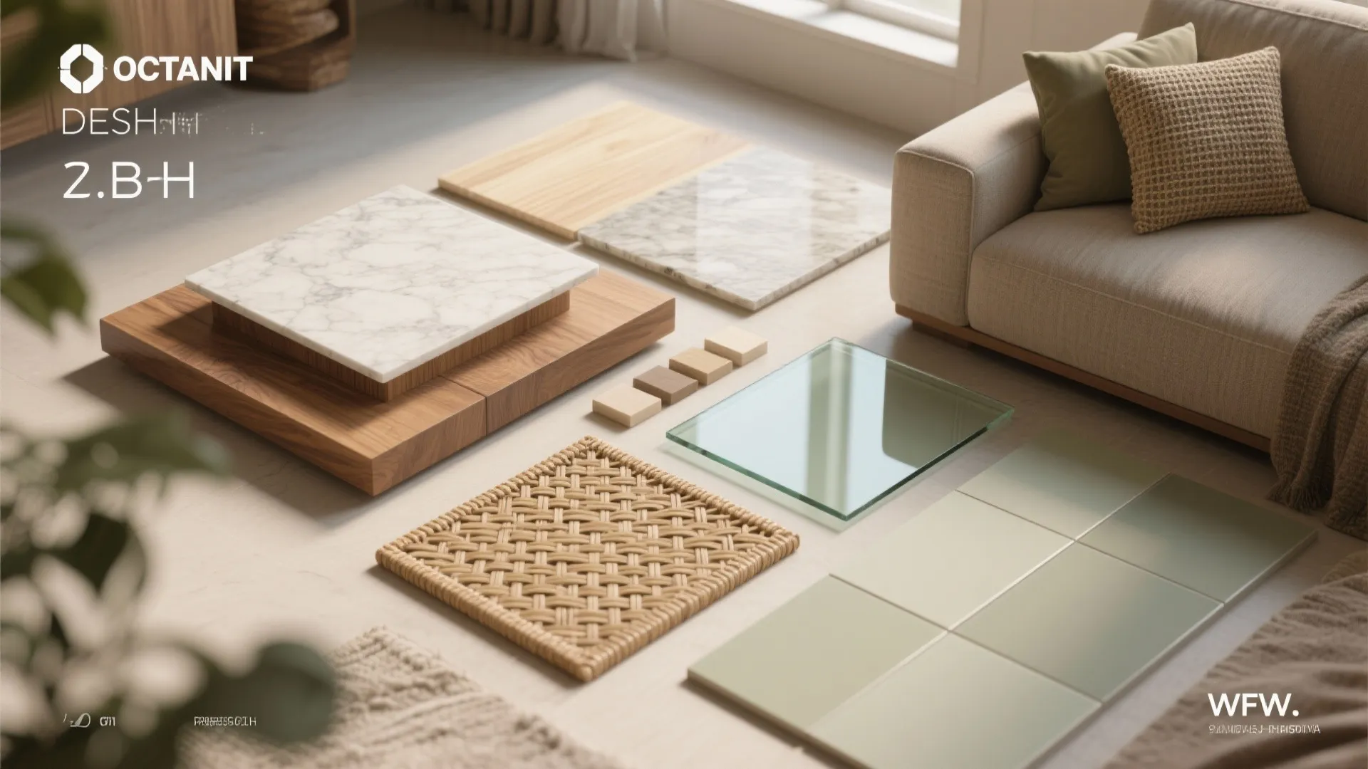 Modern interior design material board with wood samples marble tiles glass and beige sofa furniture