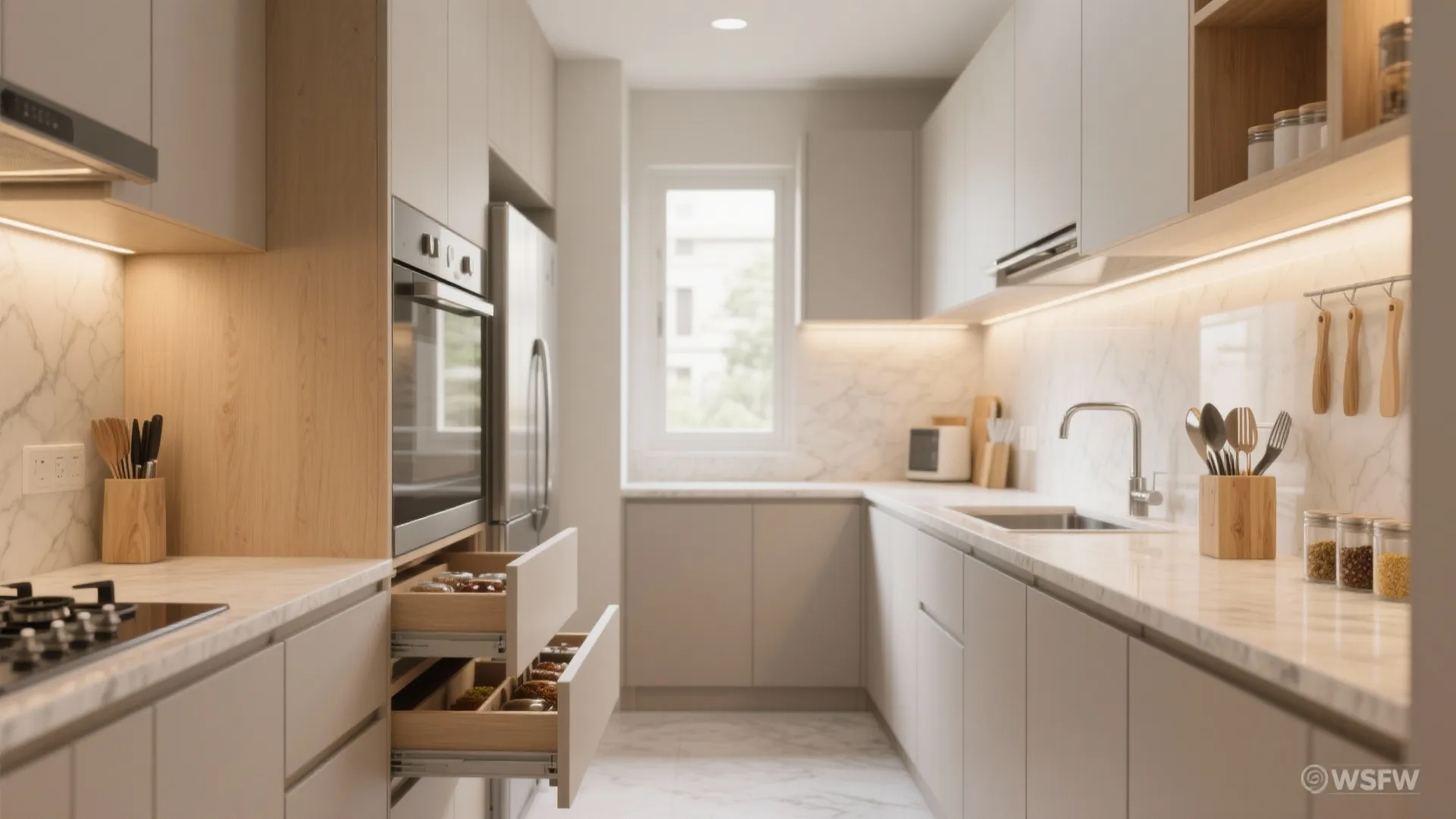 Minimalist kitchen storage for a 3 BHK