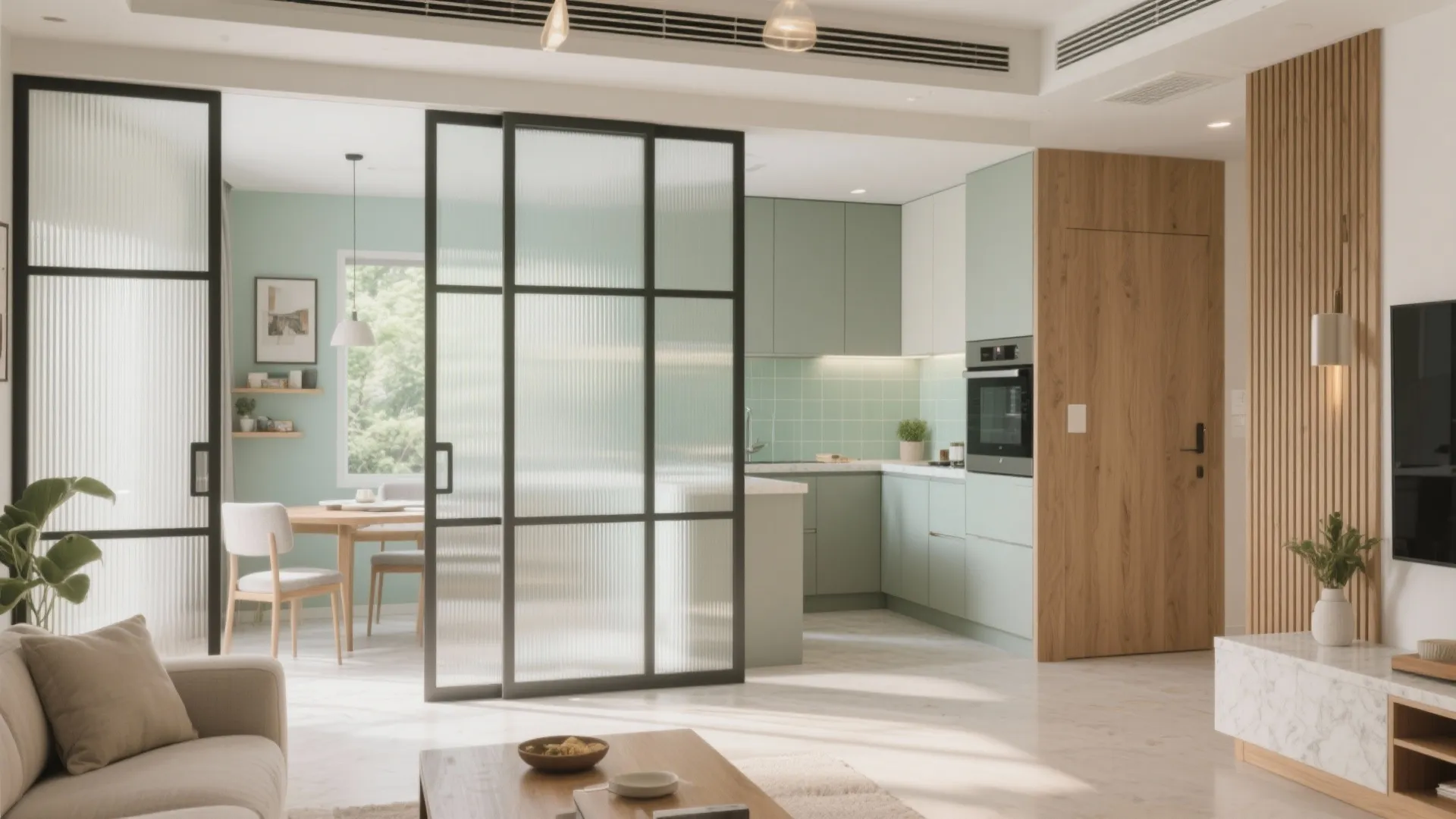 Modern open living room with green kitchen cabinets sliding glass doors wooden dining table and sofa