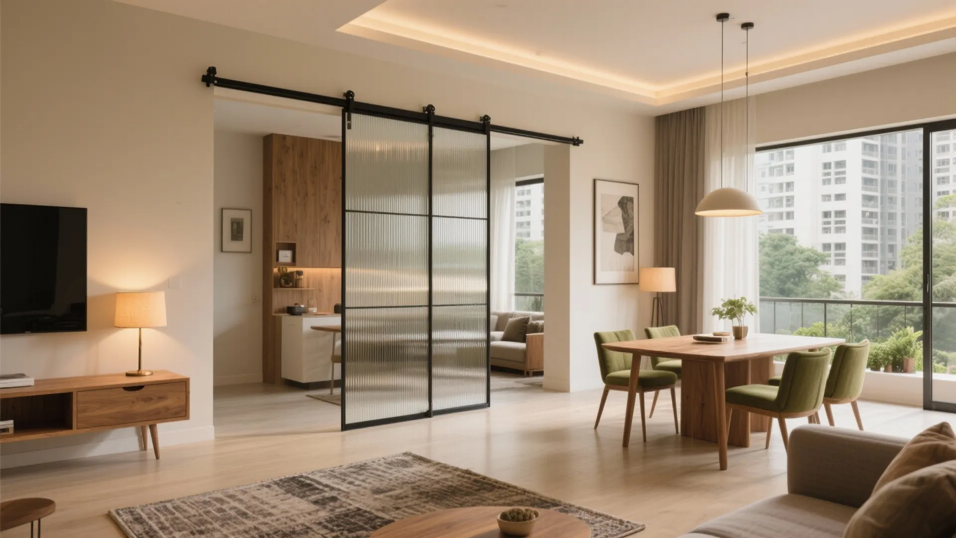 Open-plan living with flexible partitions