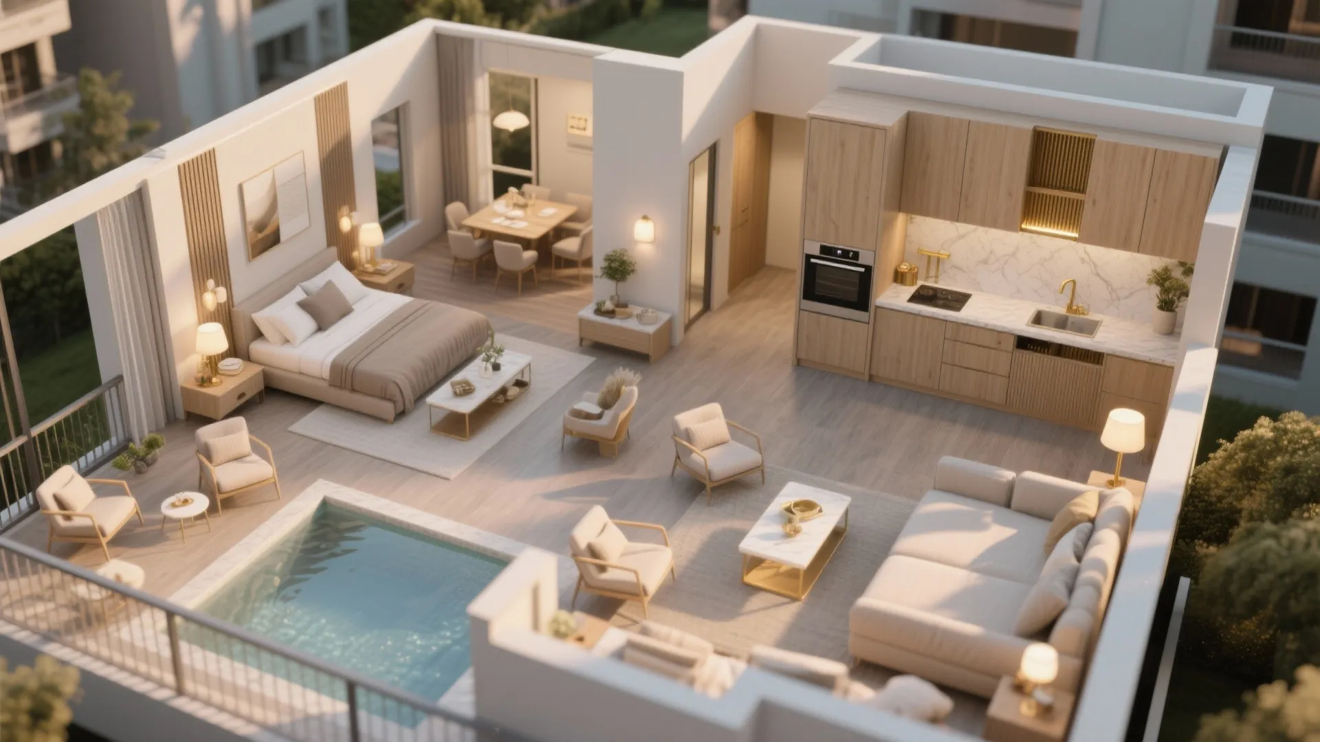 Top-down vignette of a 3 BHK layout showing living, bedrooms, kitchen, balcony, and lighting zones