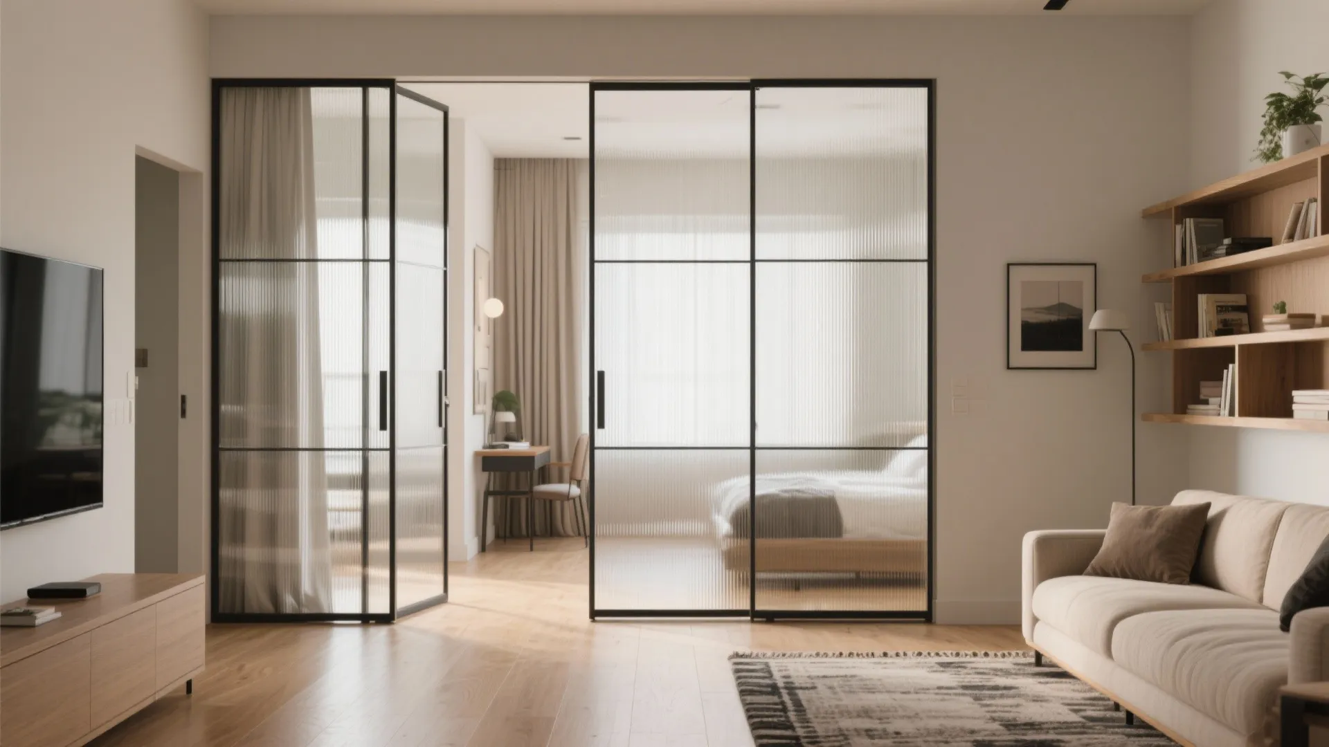 Sliding partitions to flex the hall and the third bedroom