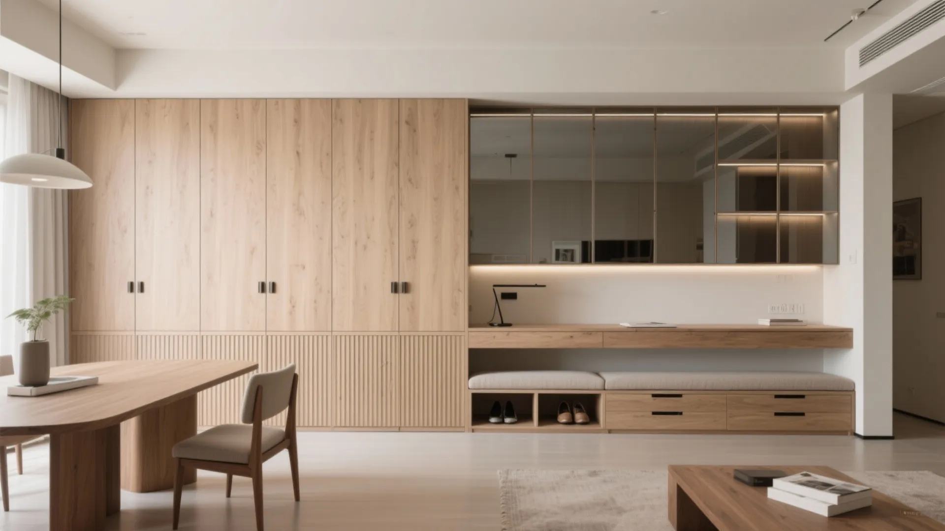 Minimalist storage wall for living–dining