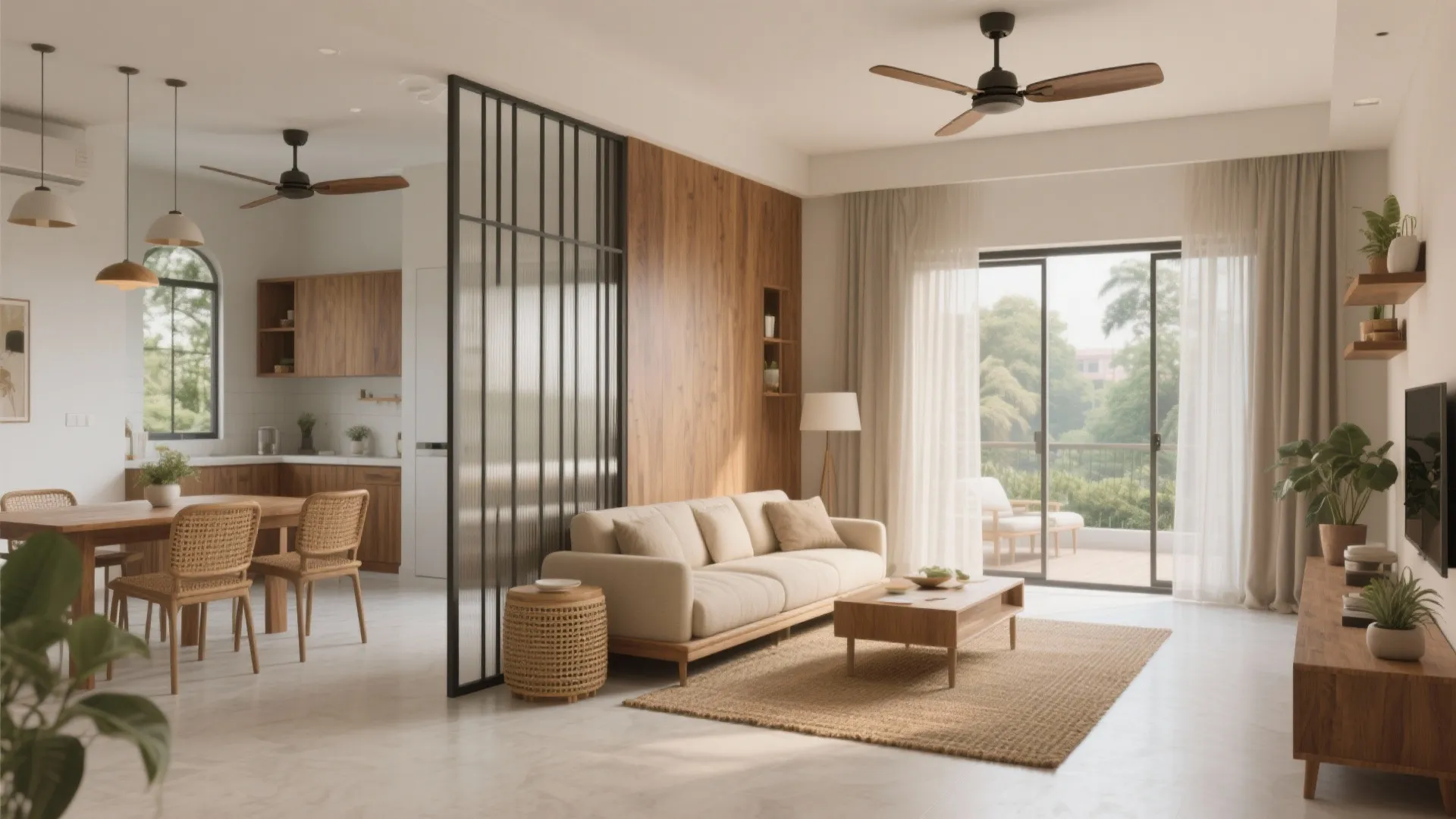 Modern living room with cream sofa, wooden table, glass divider, and large windows showing trees