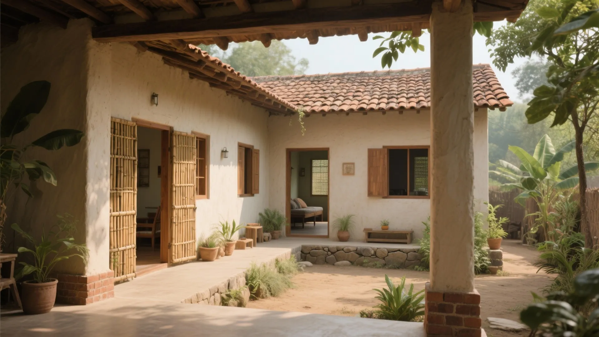 Traditional village house with white walls tiled roof bamboo doors plants and open courtyard daylight