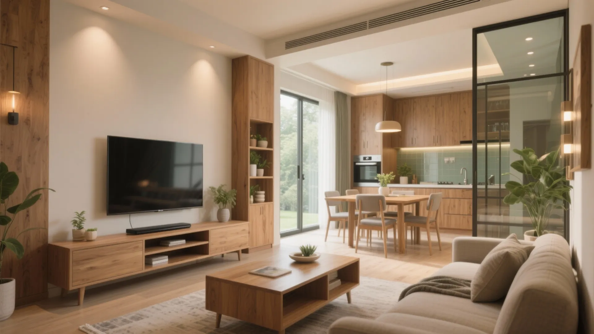 Modern warm living room with wooden furniture grey sofa dining table and open kitchen area design