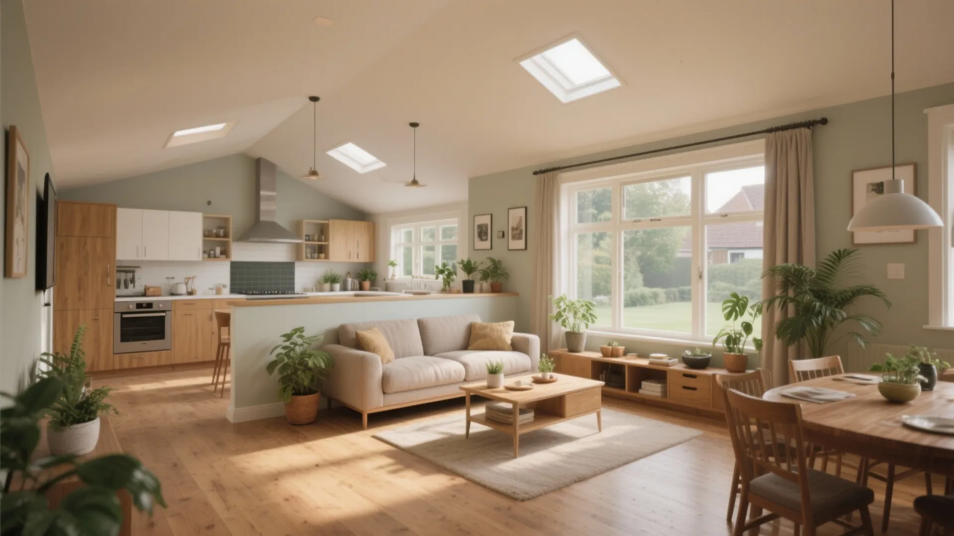 Open plan living room and kitchen area with sofa wooden floor roof windows and plants