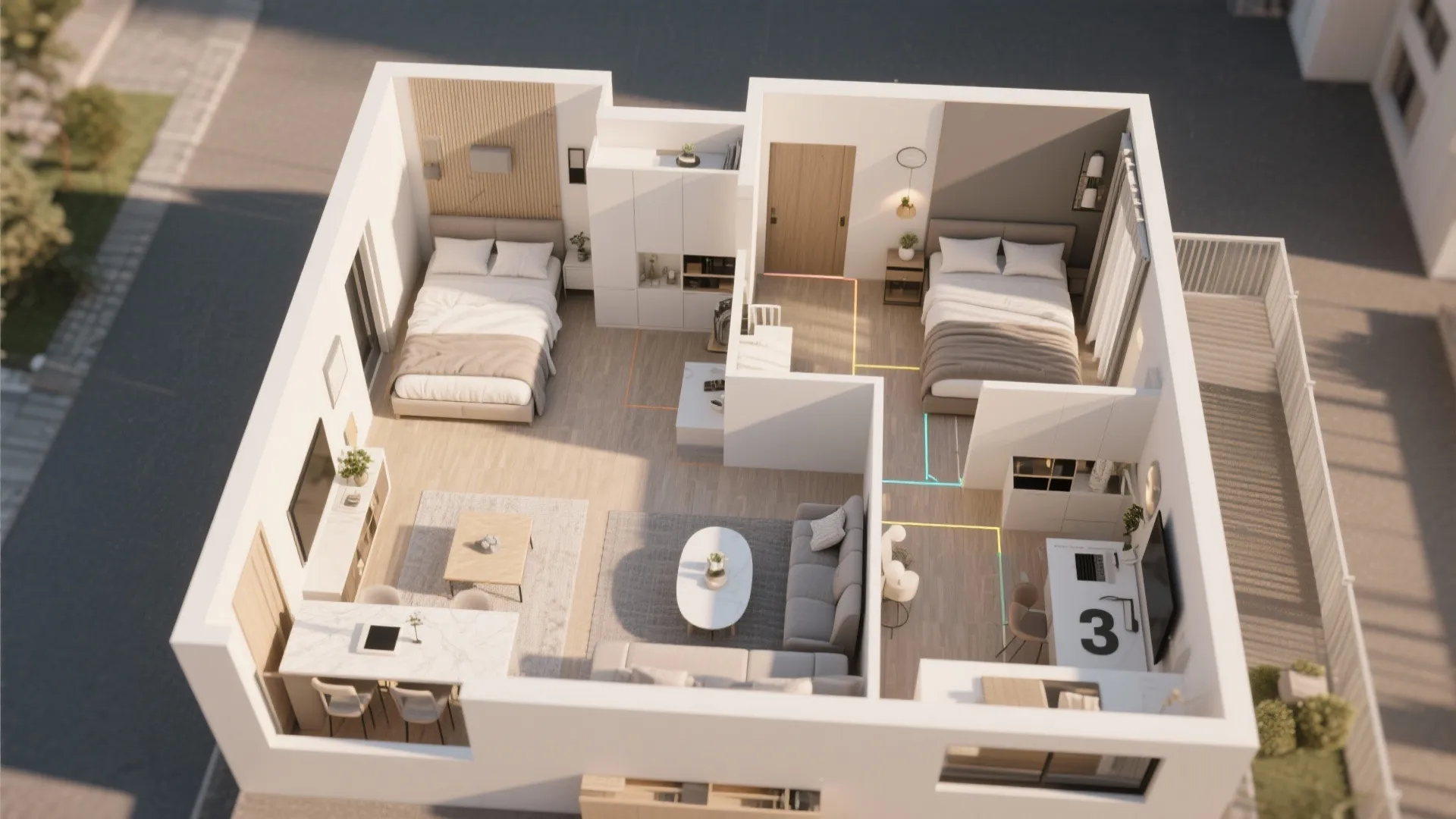 Top-down 3D floor plan highlighting zoning strategies for a compact 3-bedroom apartment