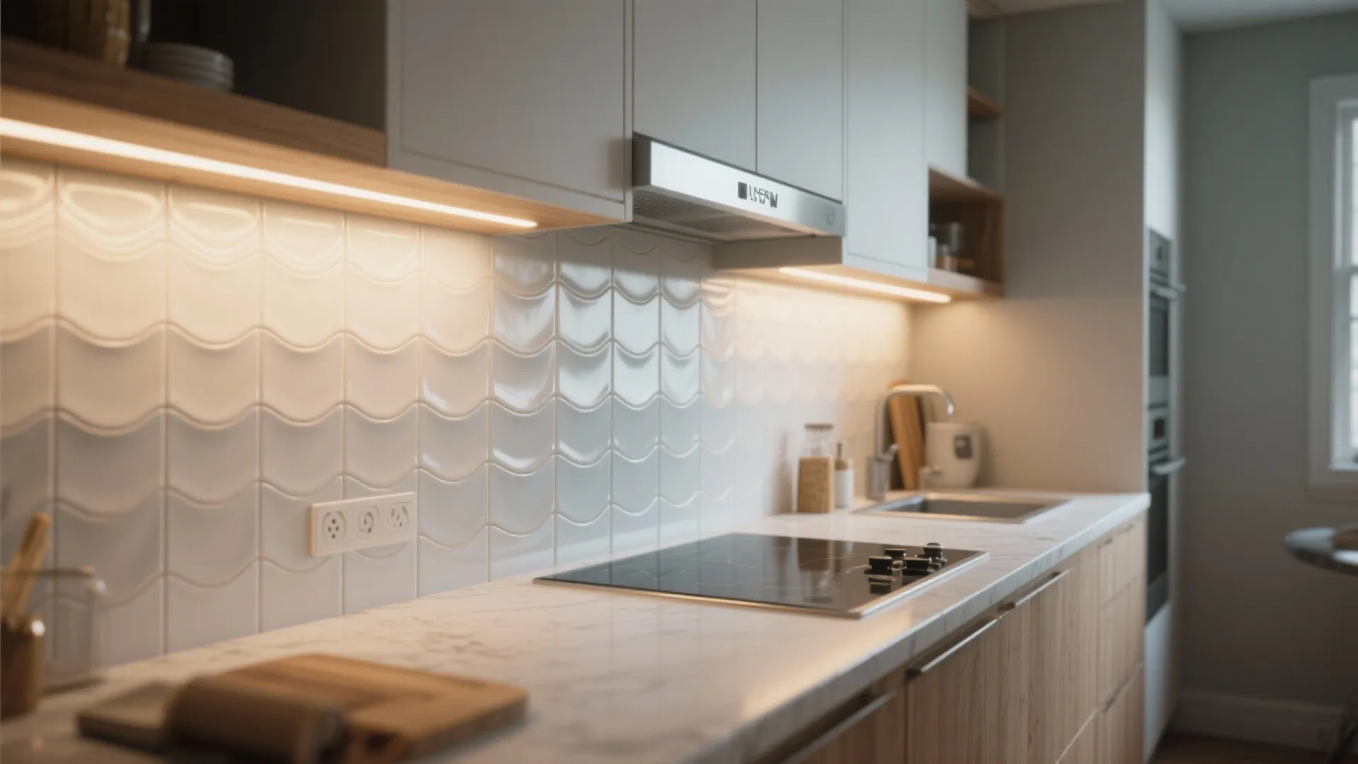 Modern kitchen with white wavy wall tiles marble countertop electric stove and warm under cabinet lighting