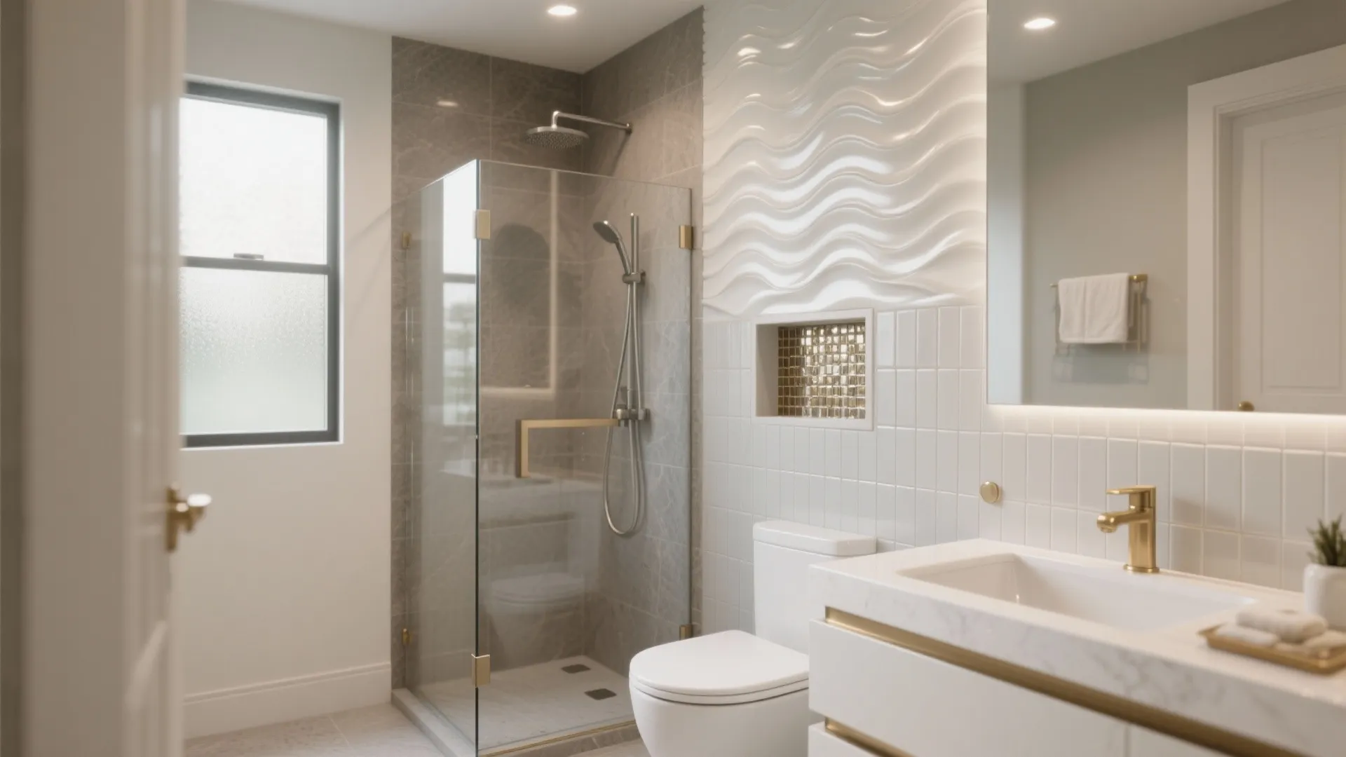 Modern bathroom with glass shower white wave wall tiles marble vanity mirror and gold sink tap