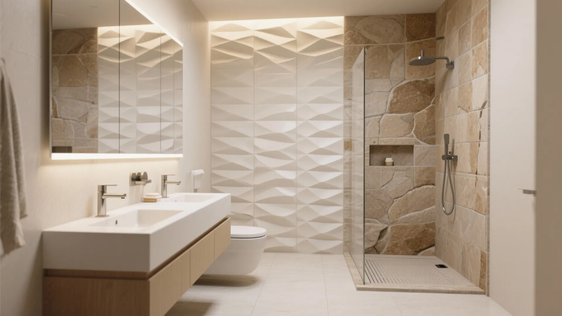 Modern bathroom featuring a double sink vanity, toilet, and walk-in shower with decorative stone tile