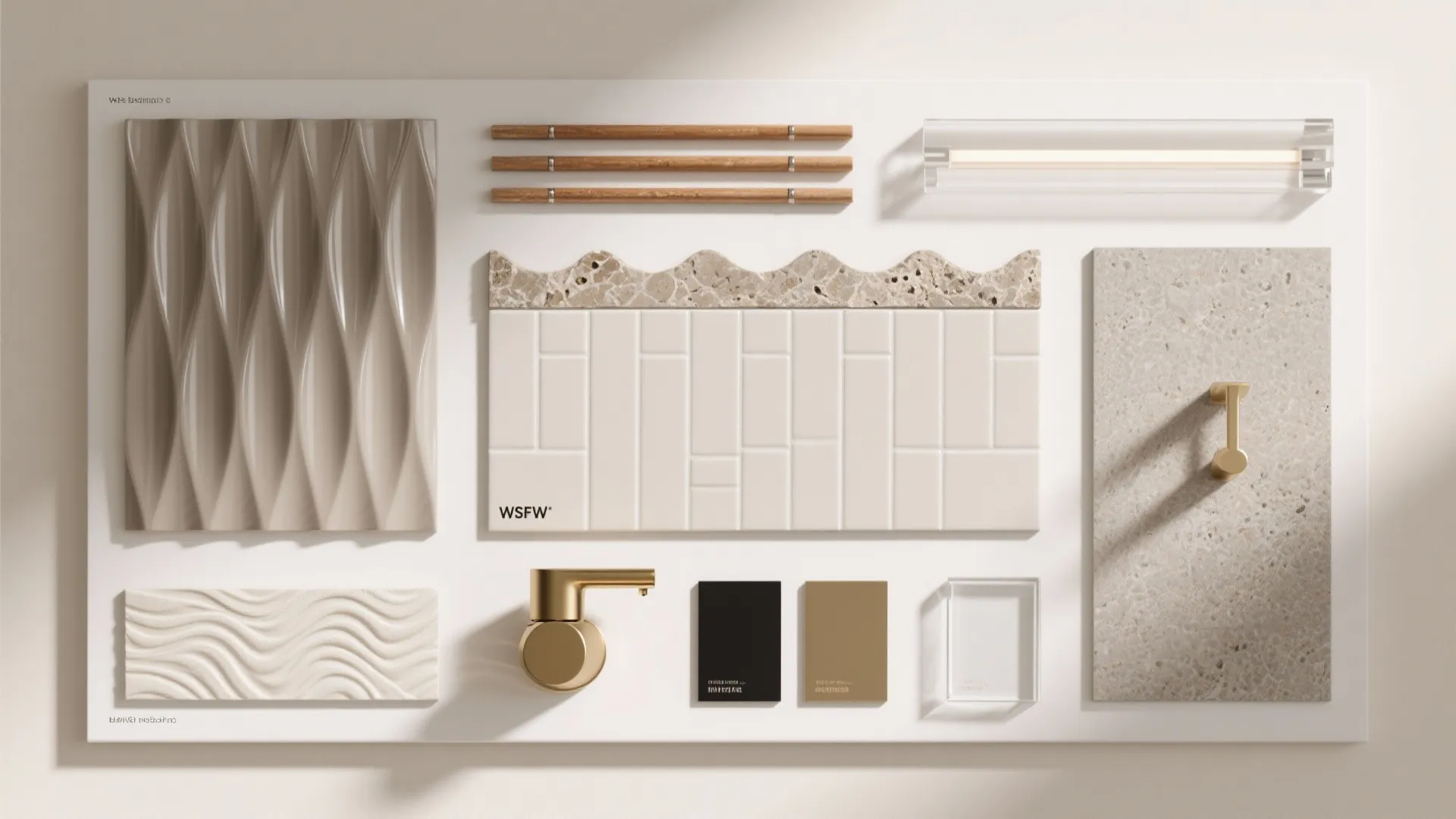 Flat-lay with 3D tile samples, grout, glass, LED channel, and fixture finishes.