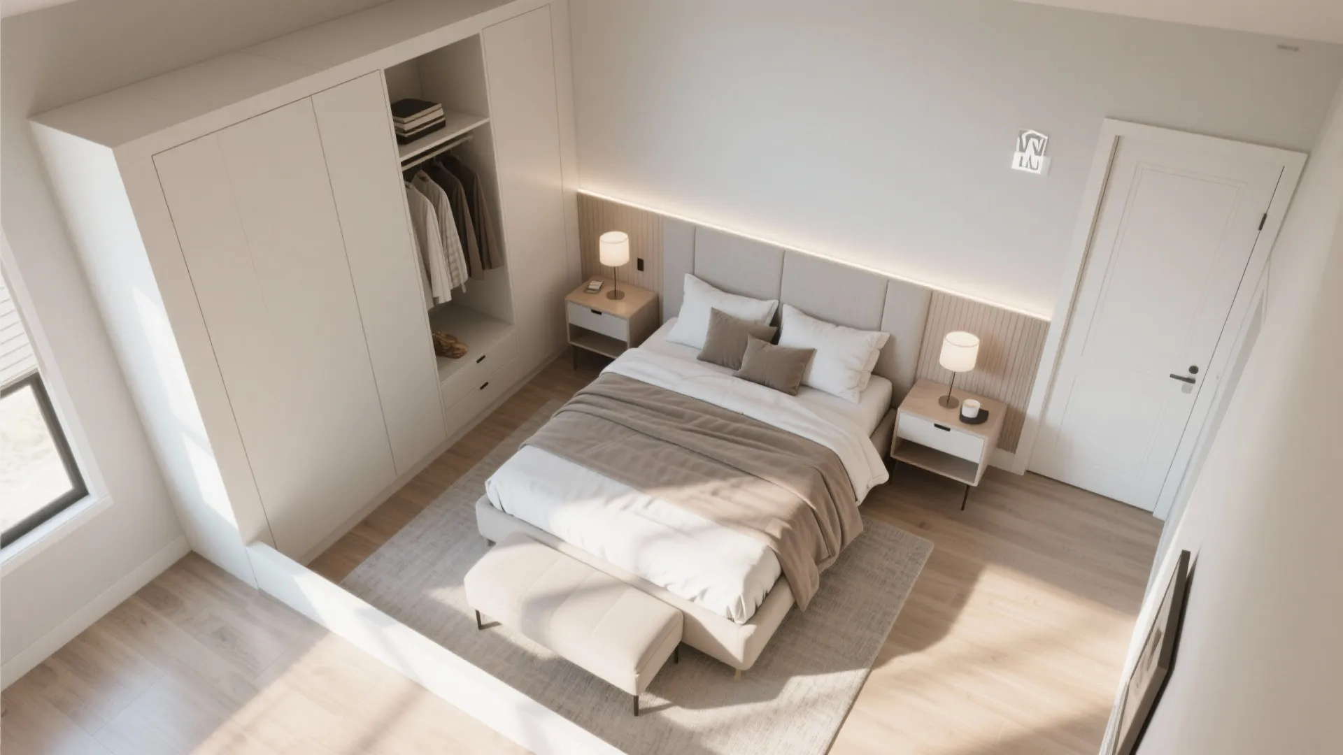 Top view of a modern bedroom with white wardrobe double bed and light wood flooring