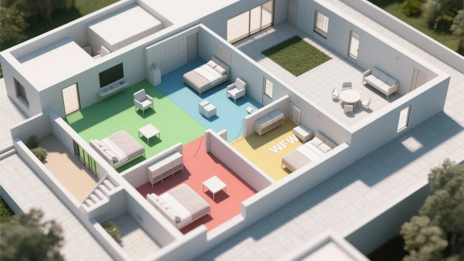 Top-down 3D floor planner blocking sketches showing zones and daylight strategy for a 3-bedroom single-story plan.