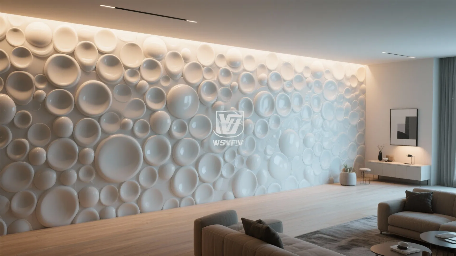 3D render showing bubble texture wall in a modern living room
