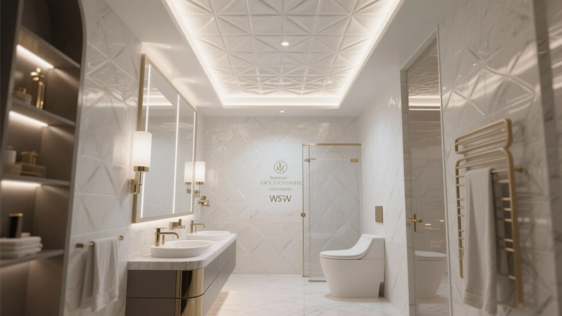 Modern white bathroom with textured 3D ceiling tiles, marble walls, gold fixtures, and double sinks