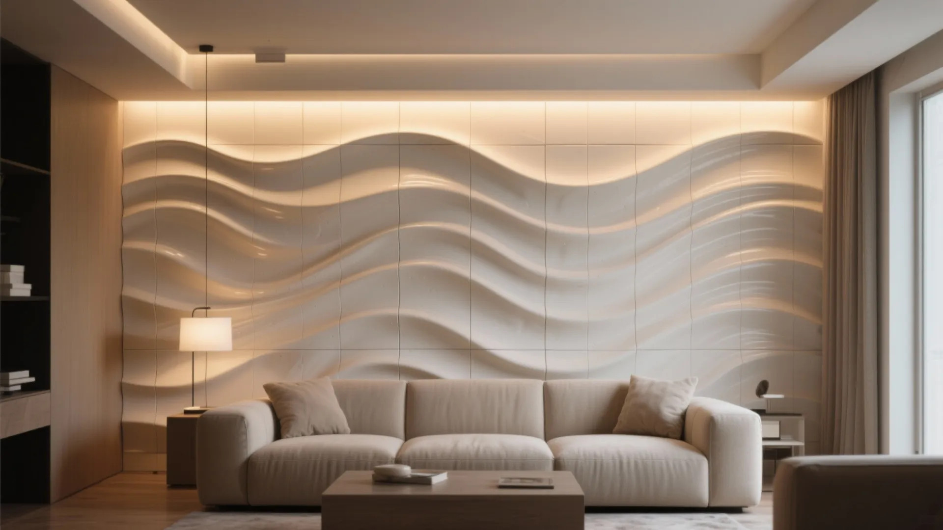 Thin 3D ceramic relief tiles for light-and-shadow drama