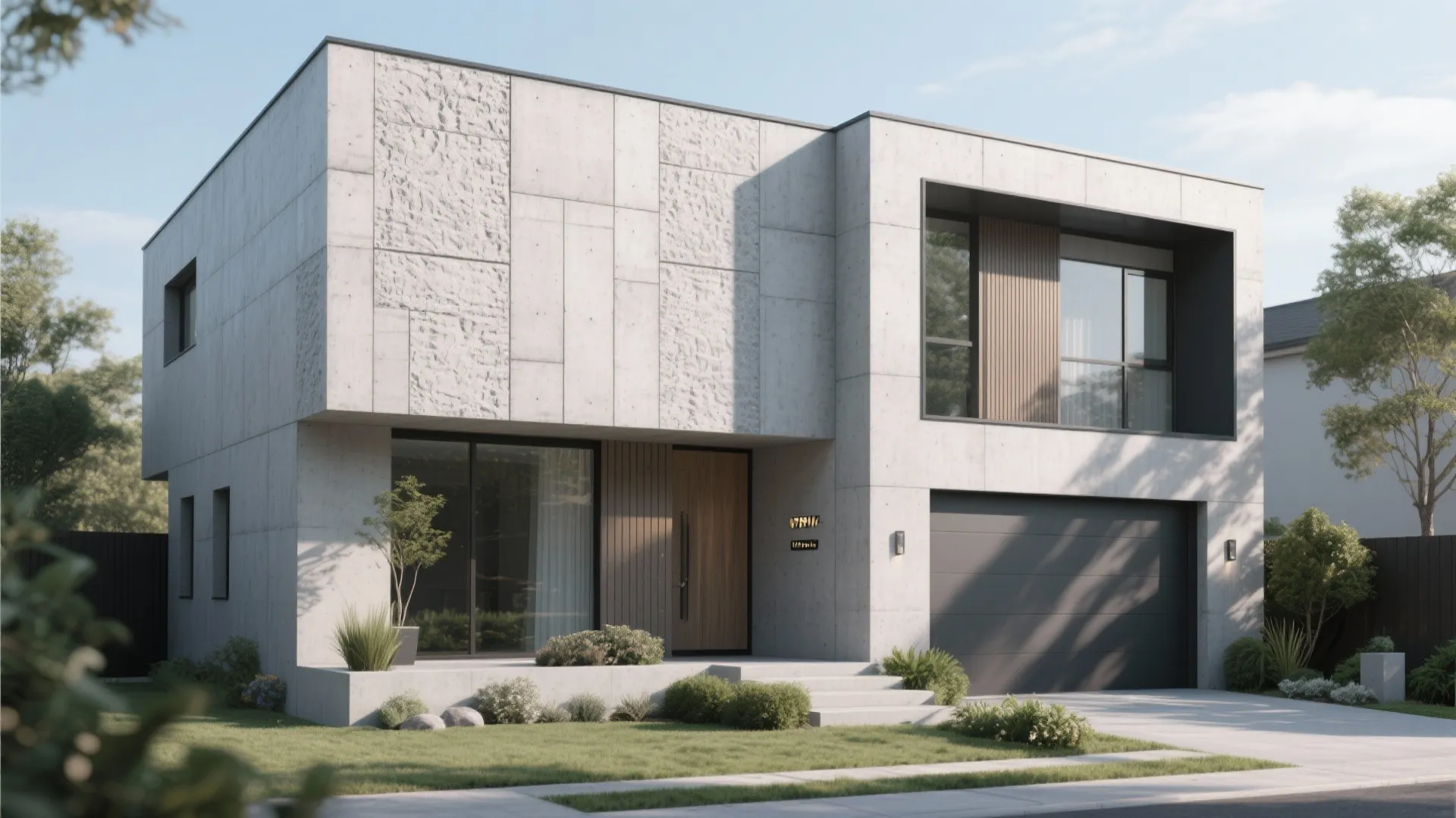 Modern two-story house with grey concrete wall panels, glass windows, garage door, and green lawn