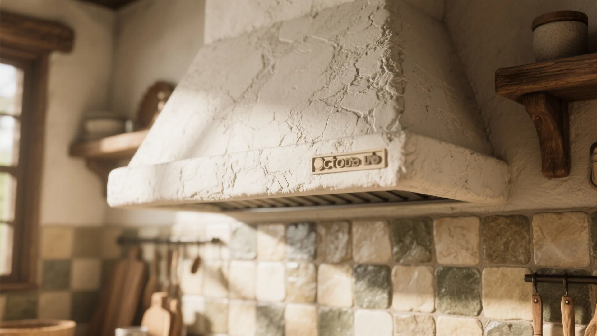 Textured plaster decorative range hood with rustic backsplash