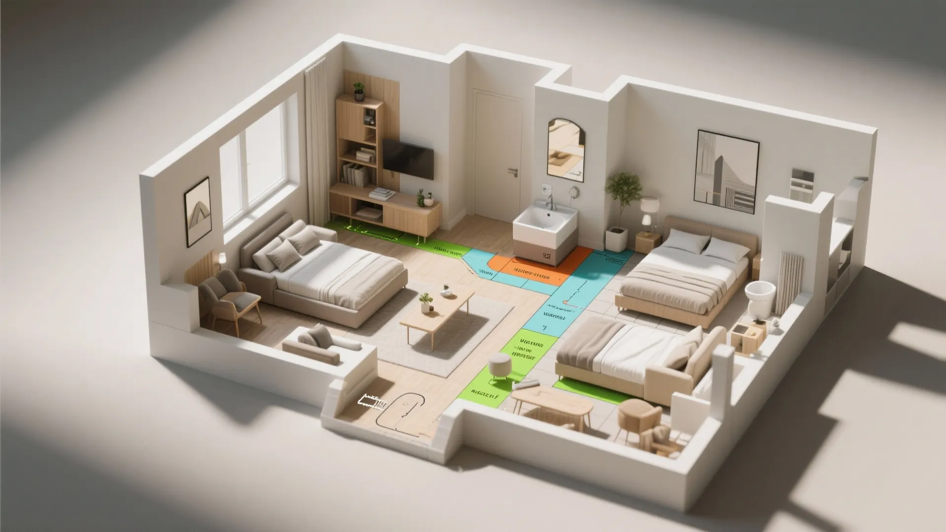 3D interior design drawing showing a small apartment with two bedrooms and colored floor paths
