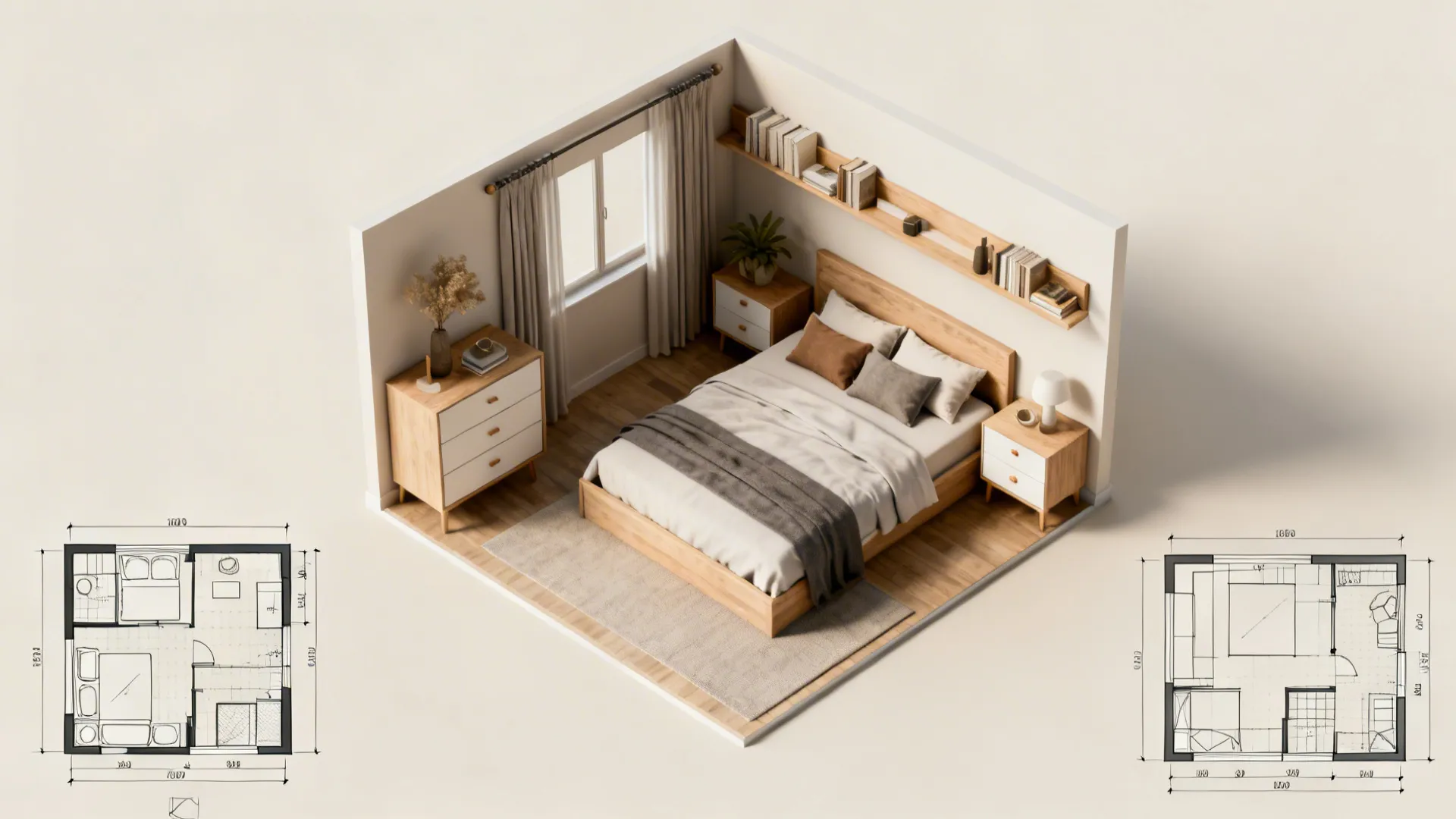 Top-down 3D mockup floor plan showing scaled furniture and drawer clearances