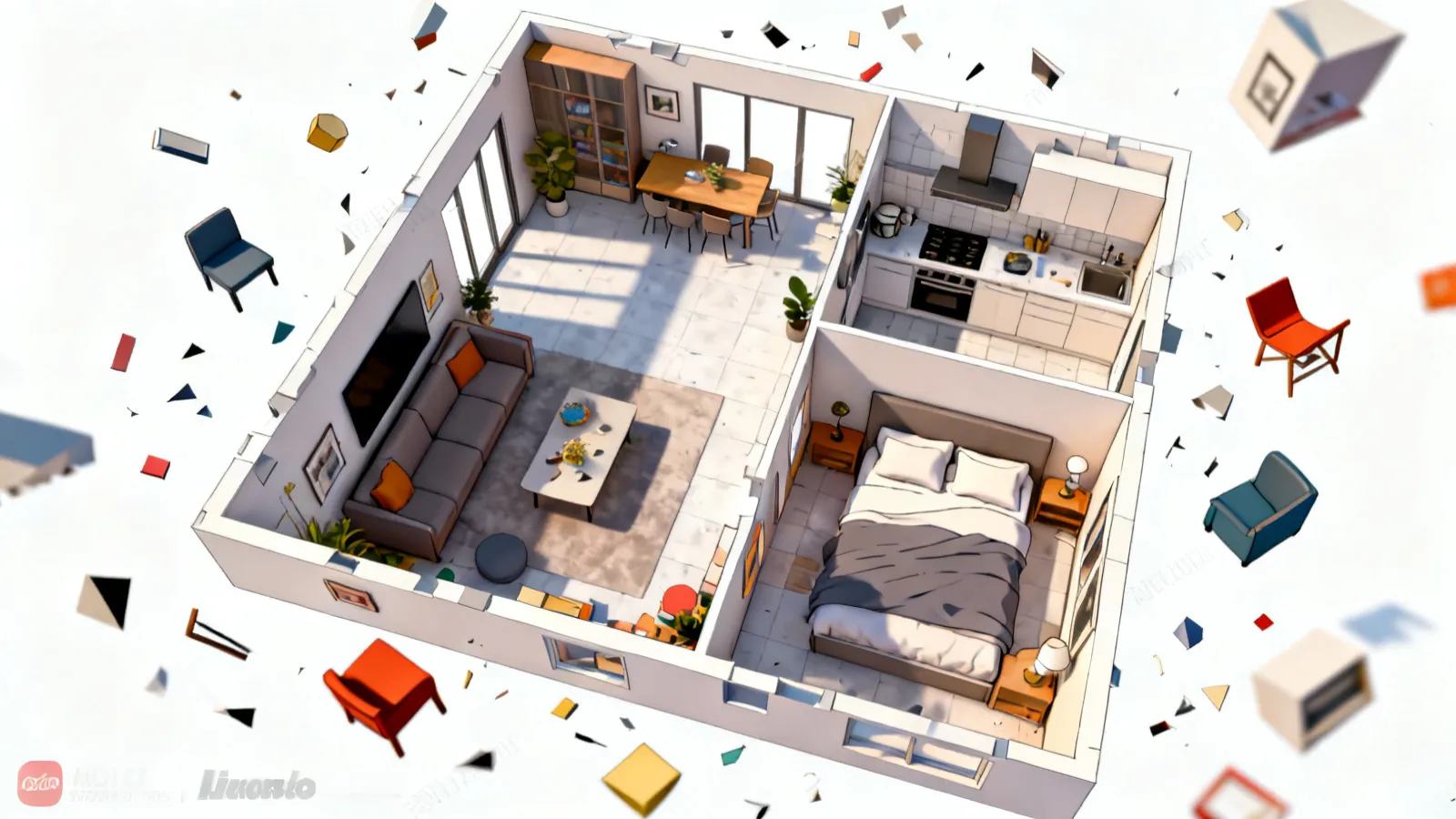 3D floor plan layout with furniture placement for interior design