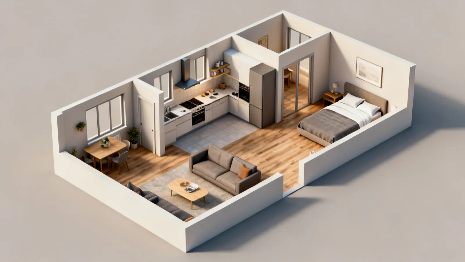 Realistic 3D floor plan visualization of a furnished modern apartment