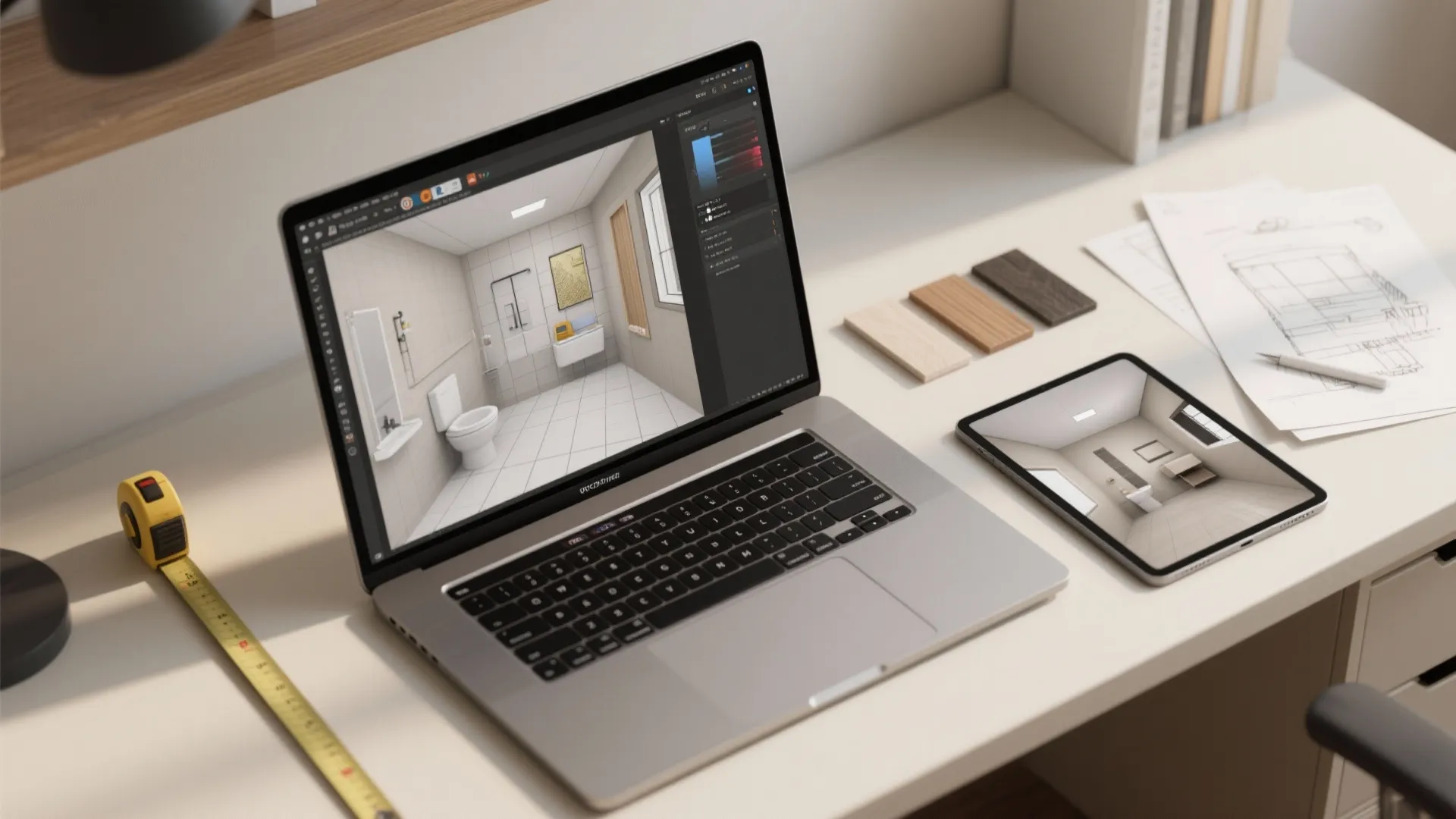 Laptop and tablet on desk showing Coohom 3D interior design drawing of a modern bathroom