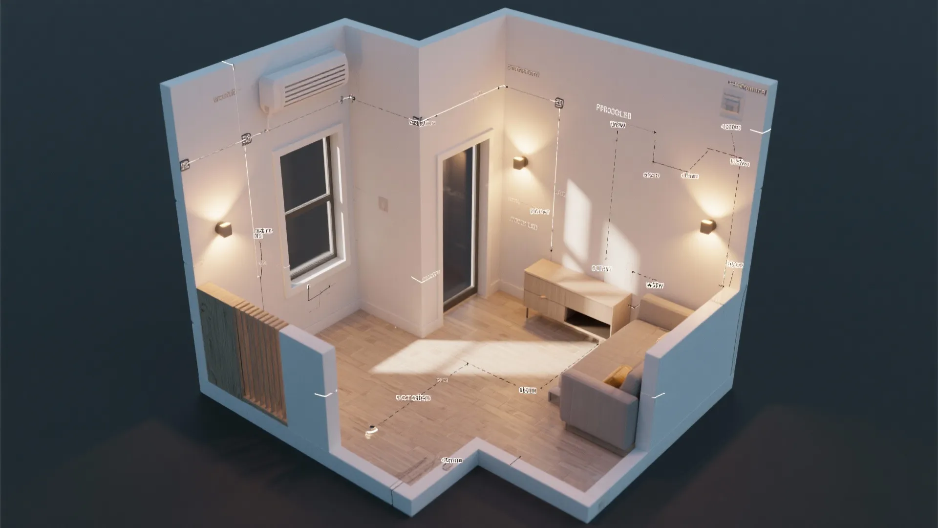 Top-down 3D floor planner mockup showing wall light placement and shadow studies