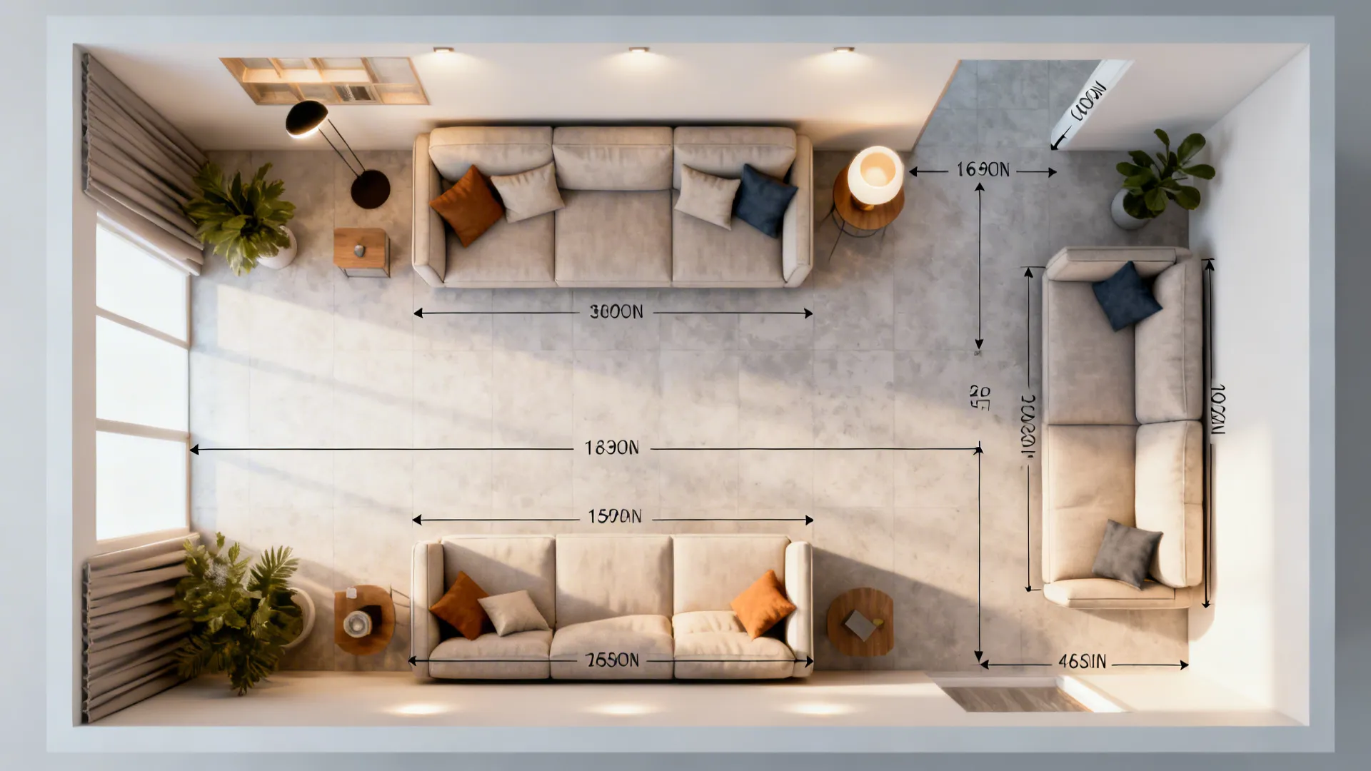 Top-down 3D floor planner mockup showing sofa sizes and circulation in a small living room.