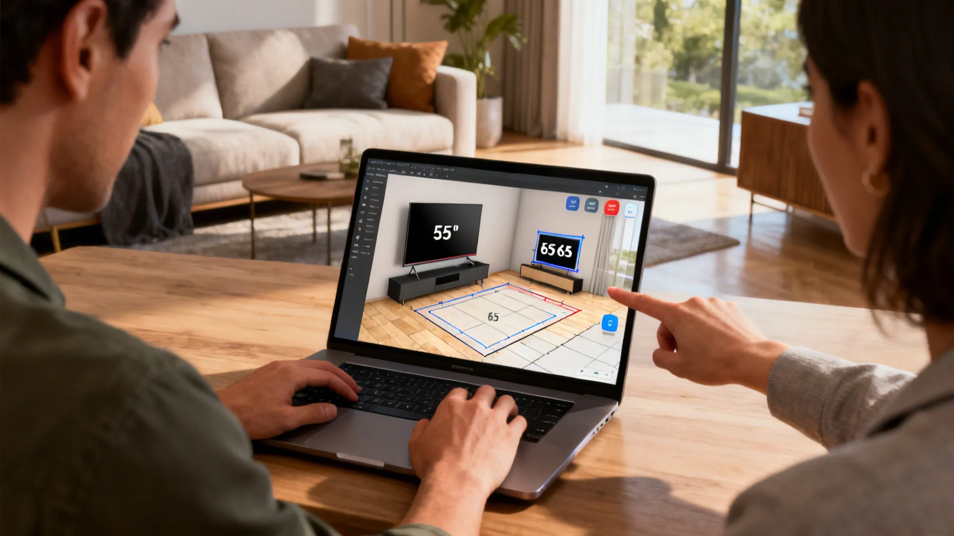 Designer and client reviewing a 3D floor planner with different TV sizes placed in a living room mockup.