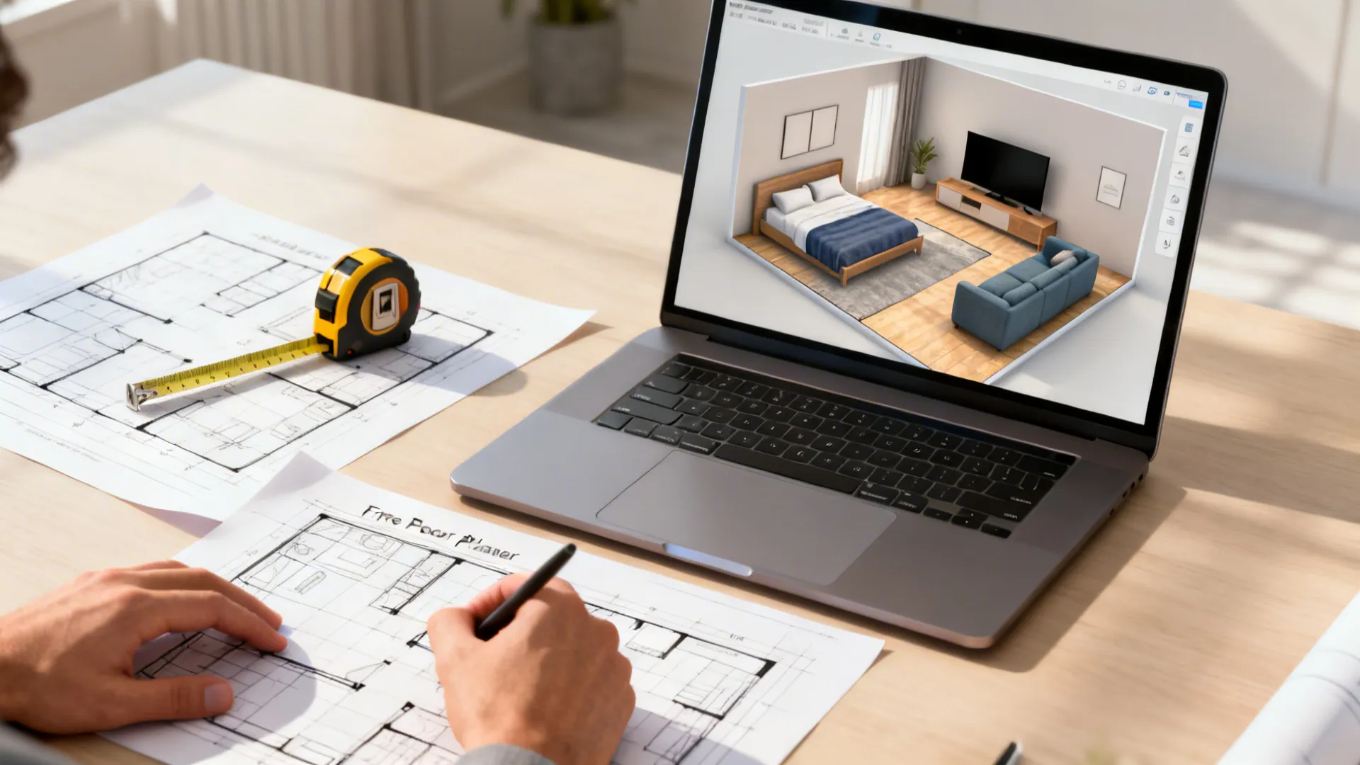 Laptop showing a 3D floor plan with furniture layout for living-room-to-bedroom conversion