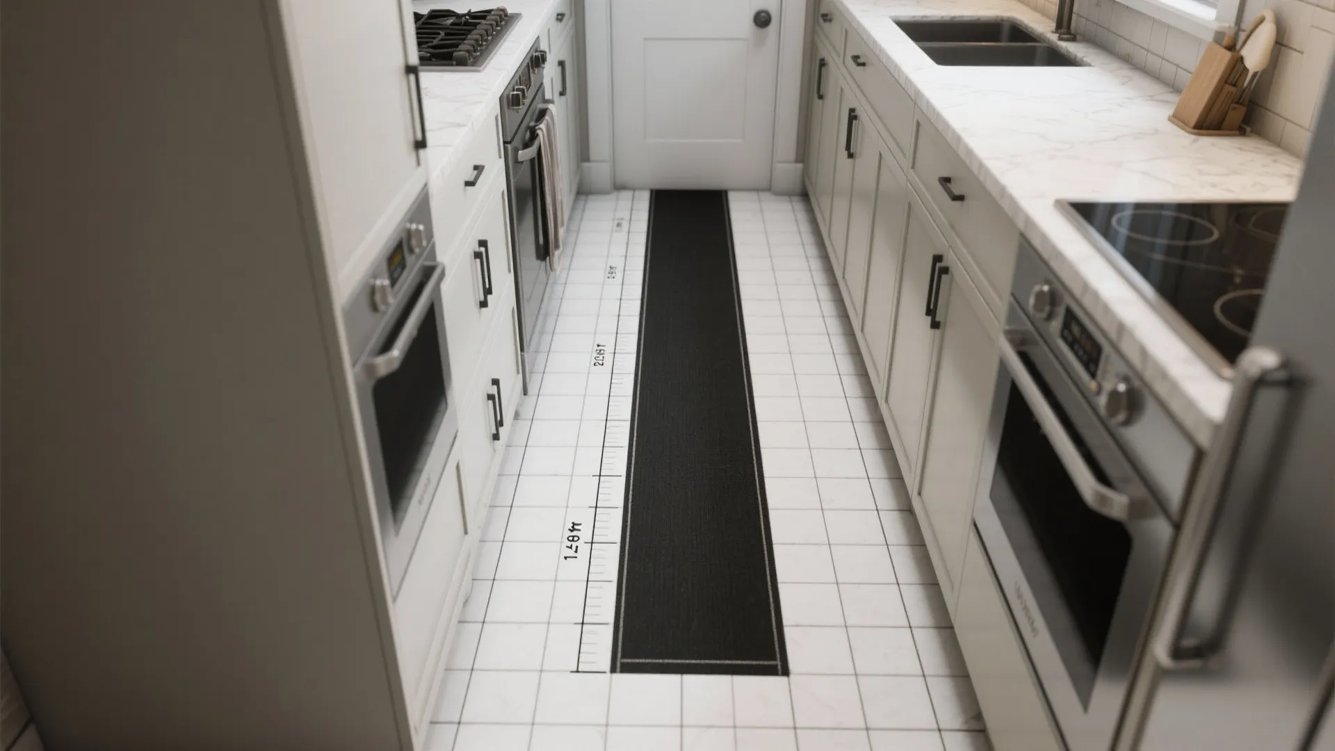 Coohom floor planner showing a narrow black kitchen rug with measurement lines on white floor
