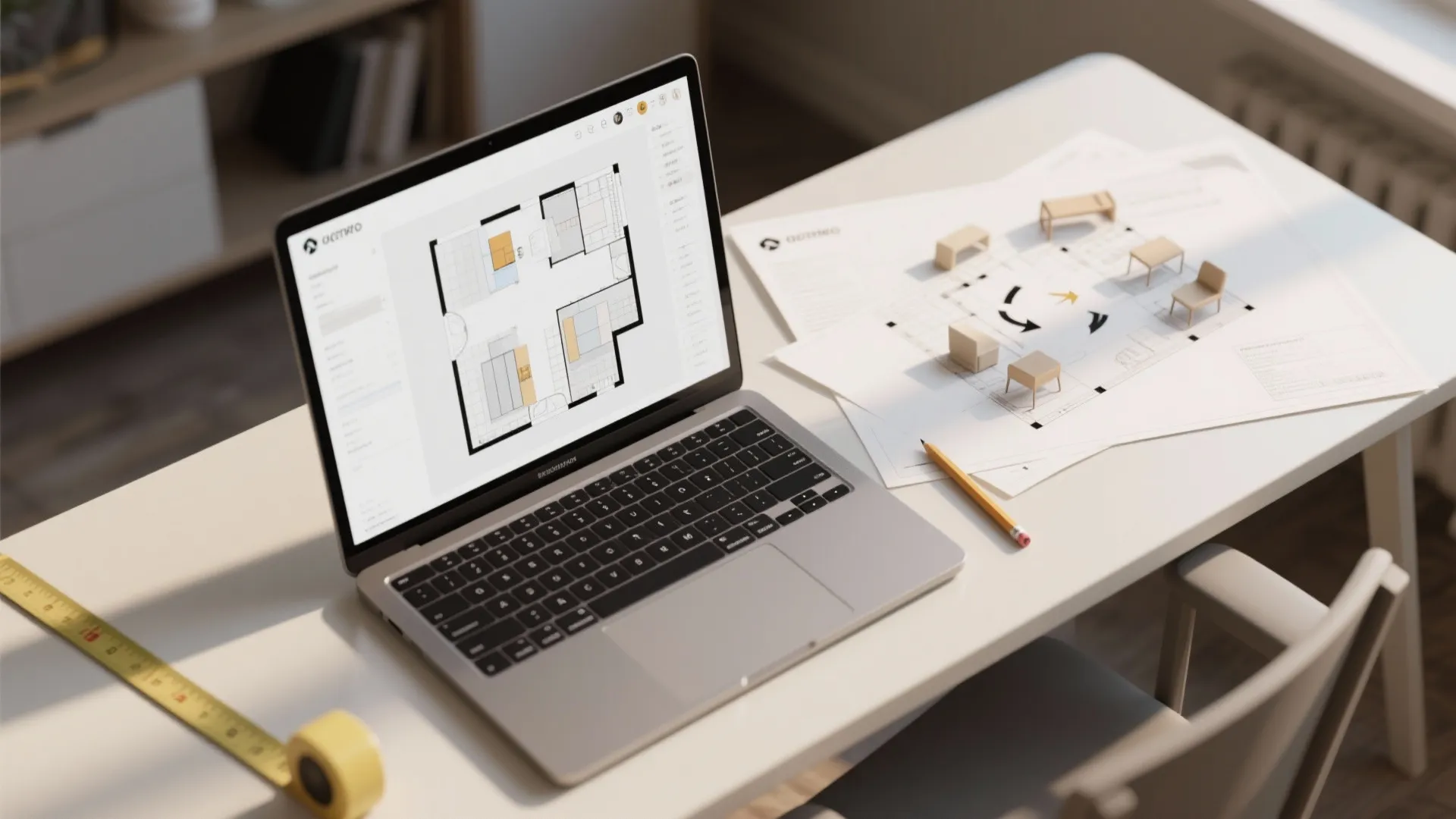 Top-down view of a laptop running a 3D floor planner and printed floor plans with scale tools.