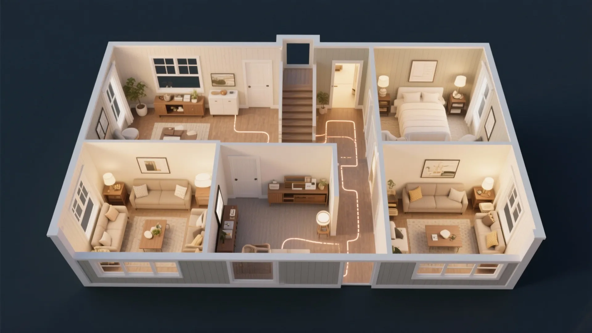 Top-down 3D floor planner view of a compact 4-bedroom 2.5-bath layout with furniture and circulation overlays.