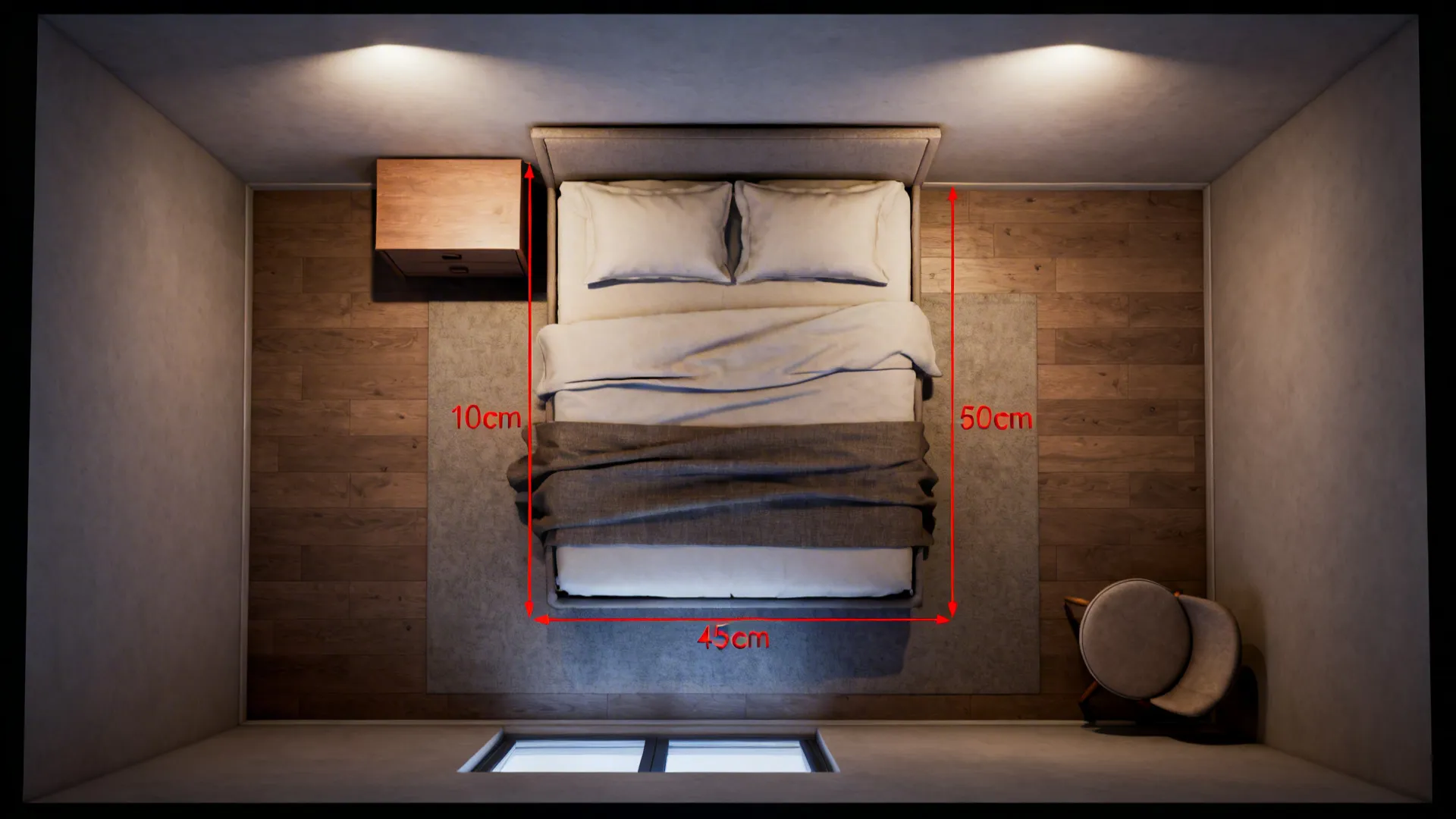Top-down 3D planner mockup showing king bed placement and clearances in a small bedroom