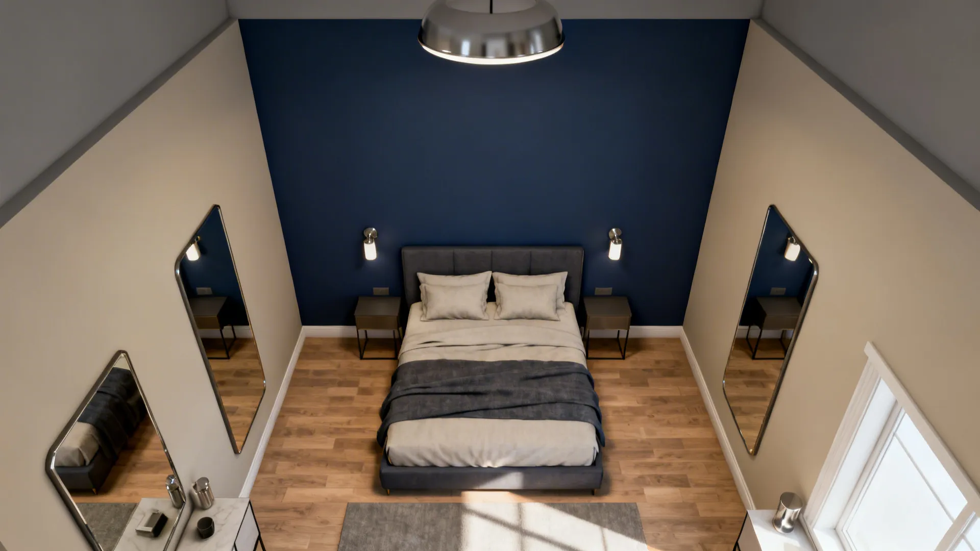 Top-down 3D floor plan mockup highlighting navy accent wall and furniture placement in a small bedroom.