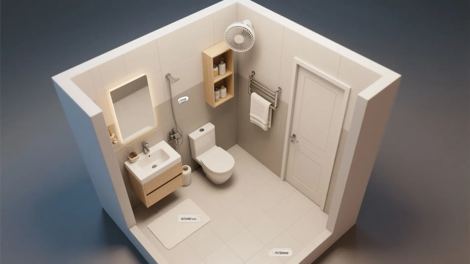 Top view interior design drawing of small bathroom showing sink, toilet, shower, and door layout