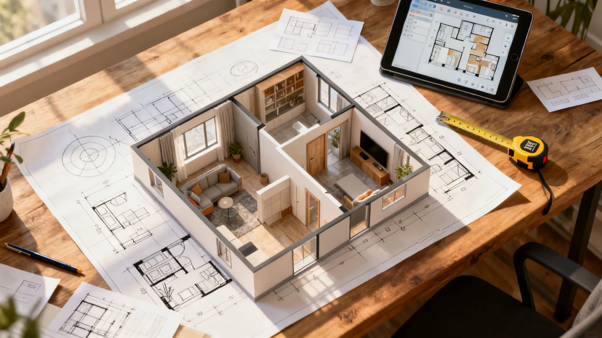 Designer desk with 3D floor plan, tablet, and paper templates for testing scale and sightlines