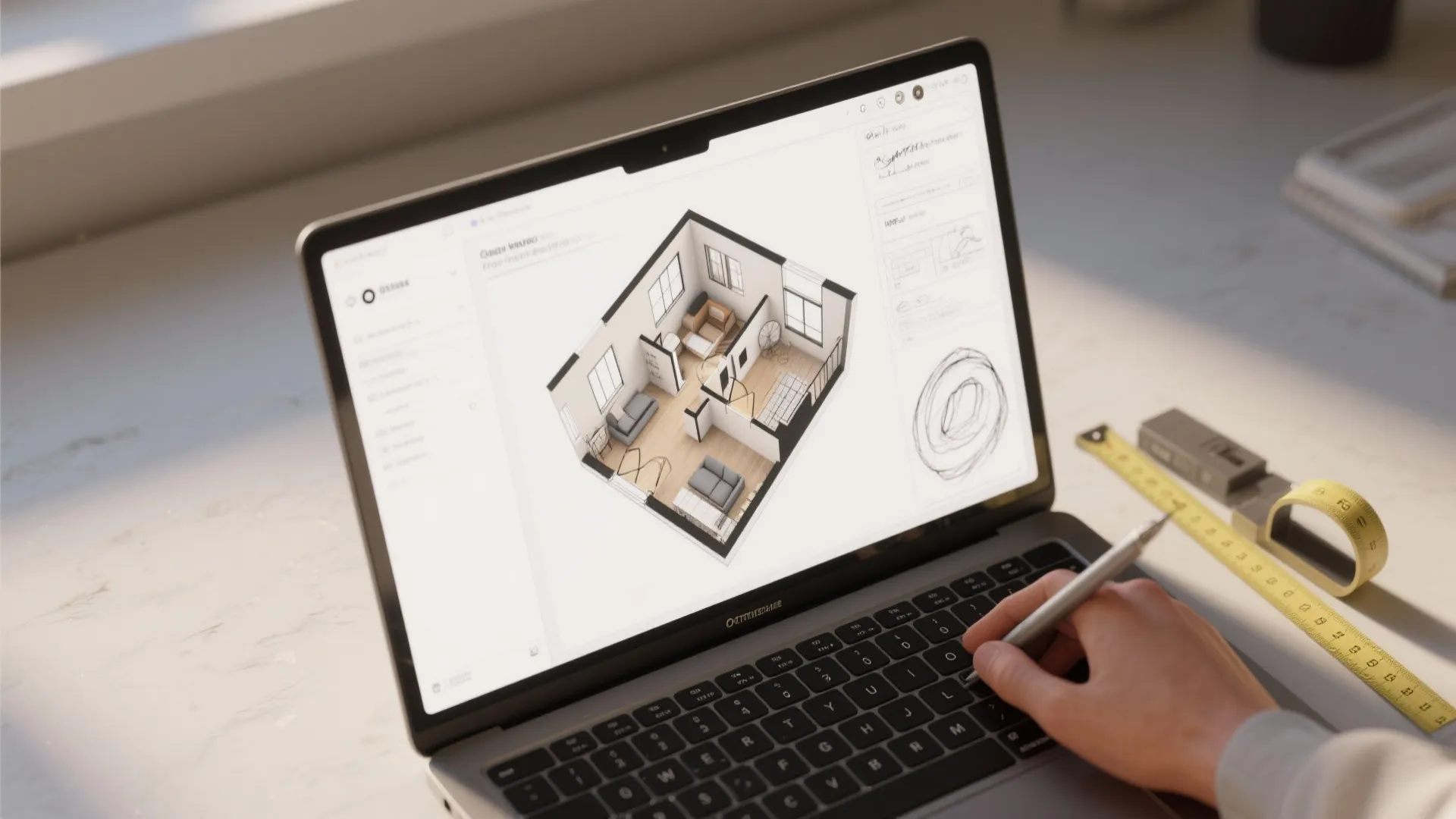 Top-down view of a 3D loft floor plan mockup on a laptop with sketch and measuring tape.