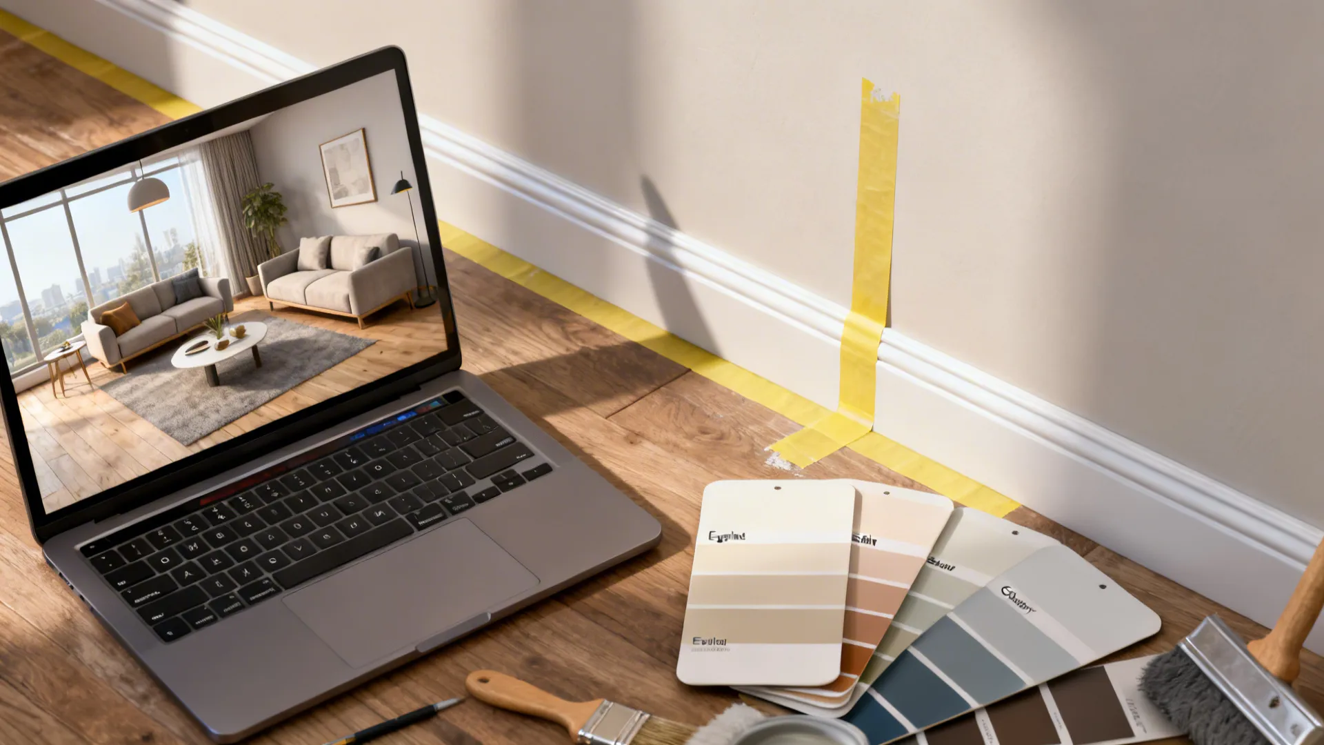 Top-down laptop view of a 3D floor plan with paint finish samples and painter's tape marking a focal wall.