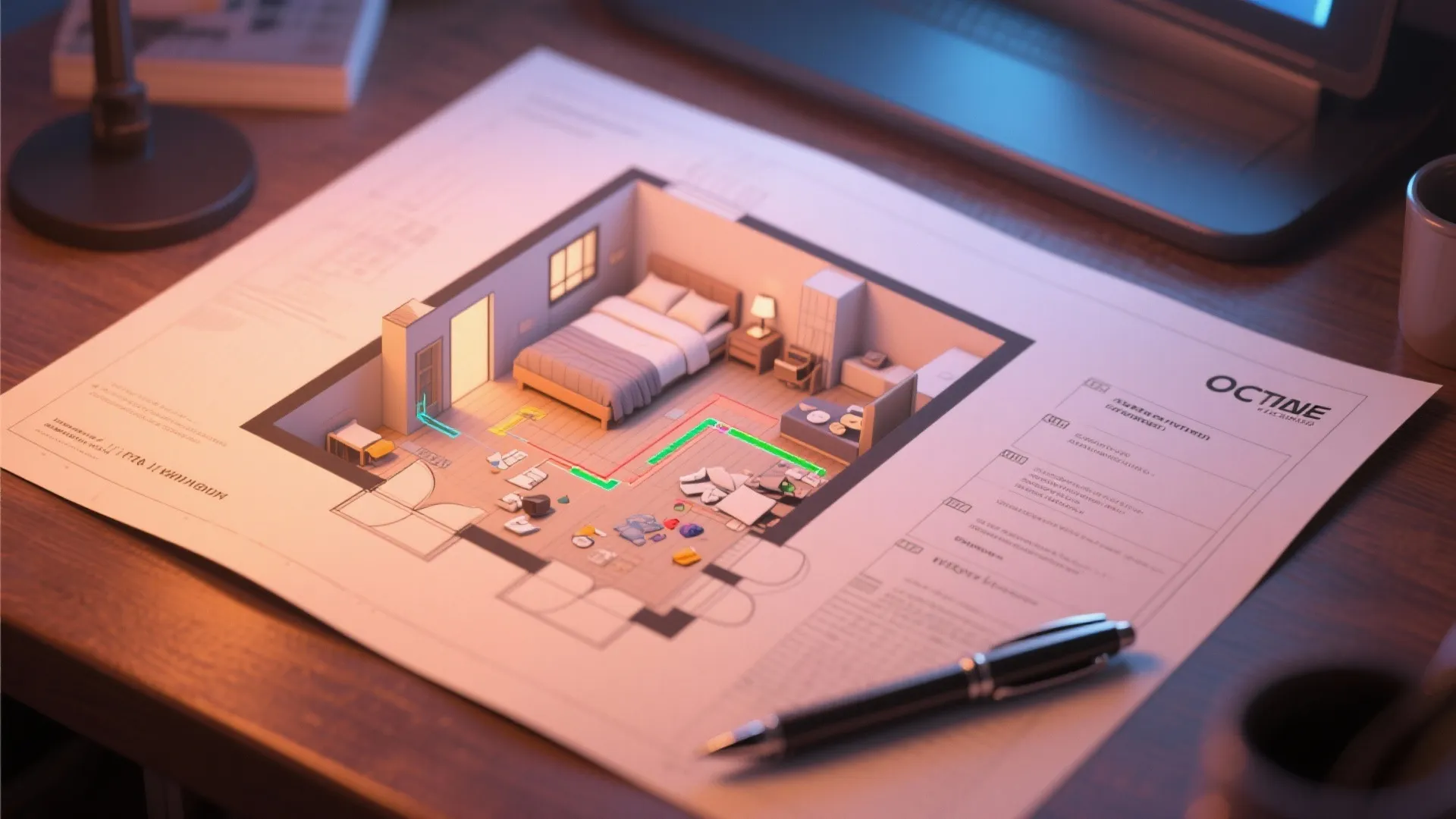 3D floor planner printout with marked entry paths and clutter zones for a small bedroom.