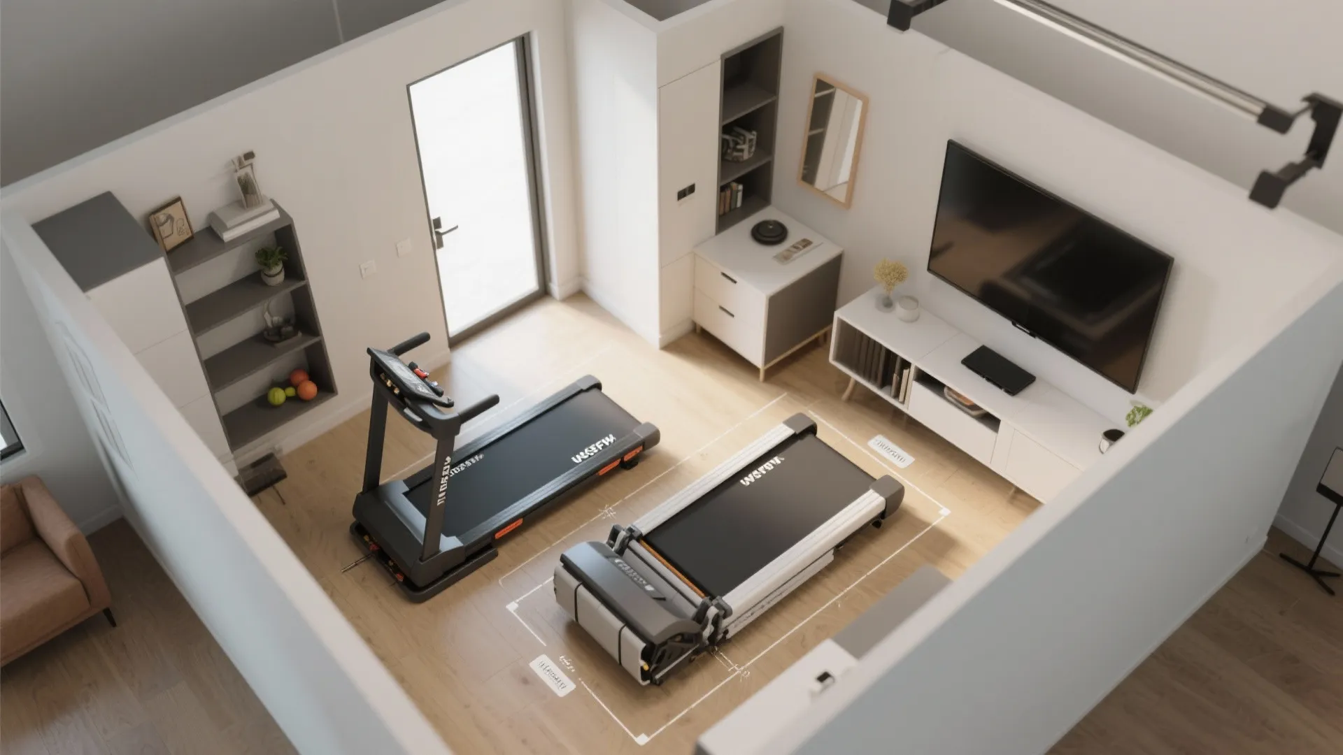 Top view of a small apartment layout with treadmill next to the white TV cabinet